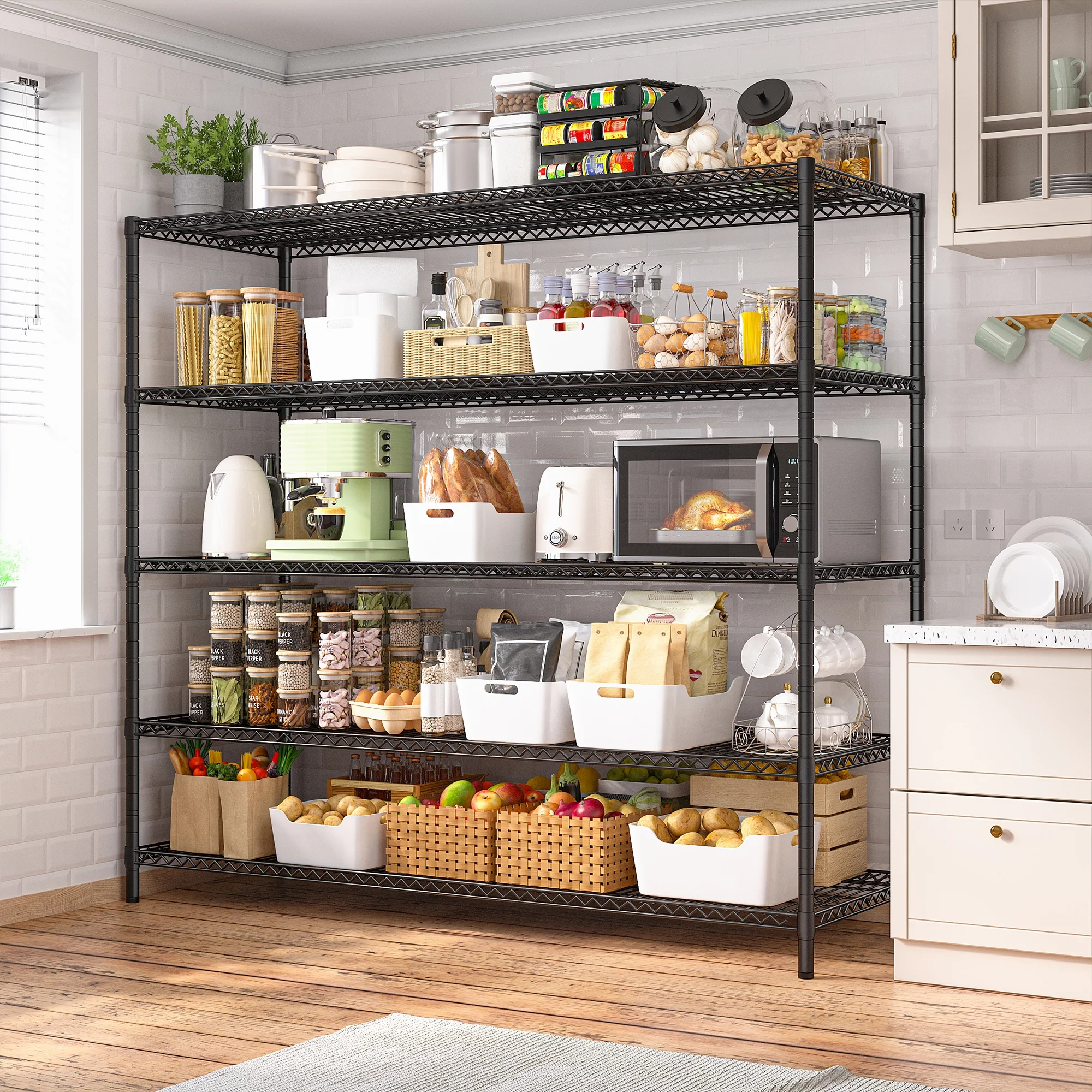 REIBII 85.7"H Storage Shelving Rack 5 Tier Wire Shelves with Wheels 3000Lbs Adjustable Garage Shelving Unit for Kitchen Pantry,55.2"W x 24.2"D - Image 2
