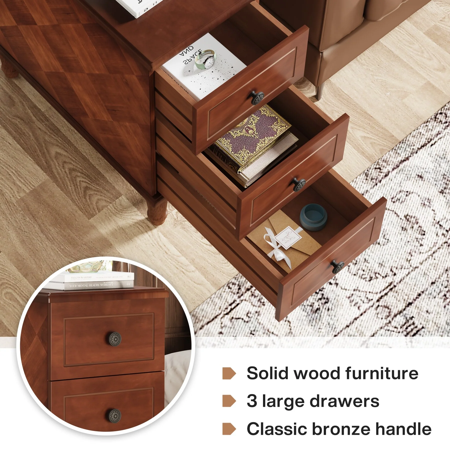 Fully Assembled Narrow End Table, Solid Wood Side Table with 3 Drawers, Vintage Nightstand for Small Spaces - Image 17
