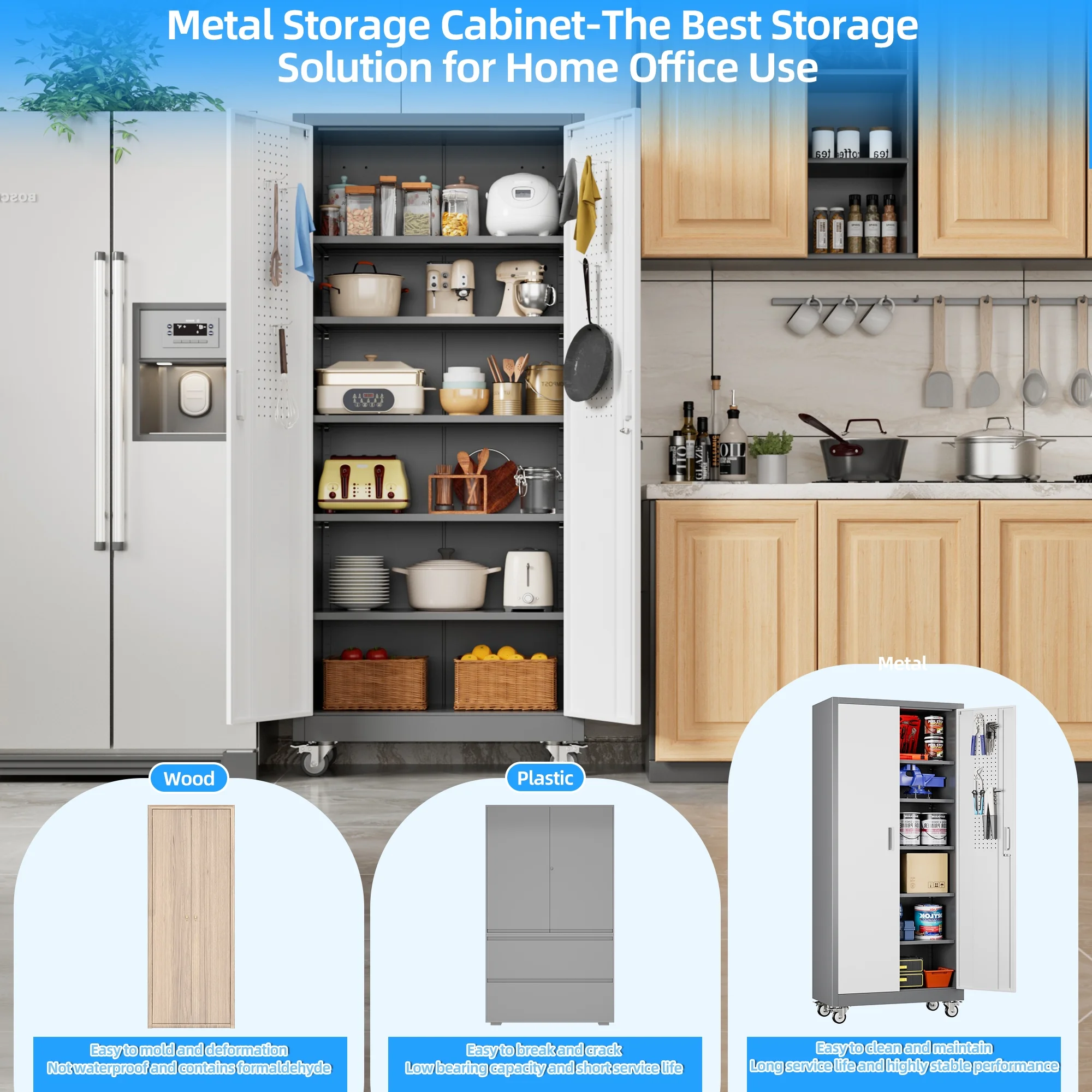 Gaeanet Rolling Tool Storage Cabinet with 5 Adjustable Shelves and Pegboard,Metal Garage Storage Cabinet with Wheels for Garage Home Office Utility Room,71" H-32" W-16" D,Required Assembly, Black - Image 101