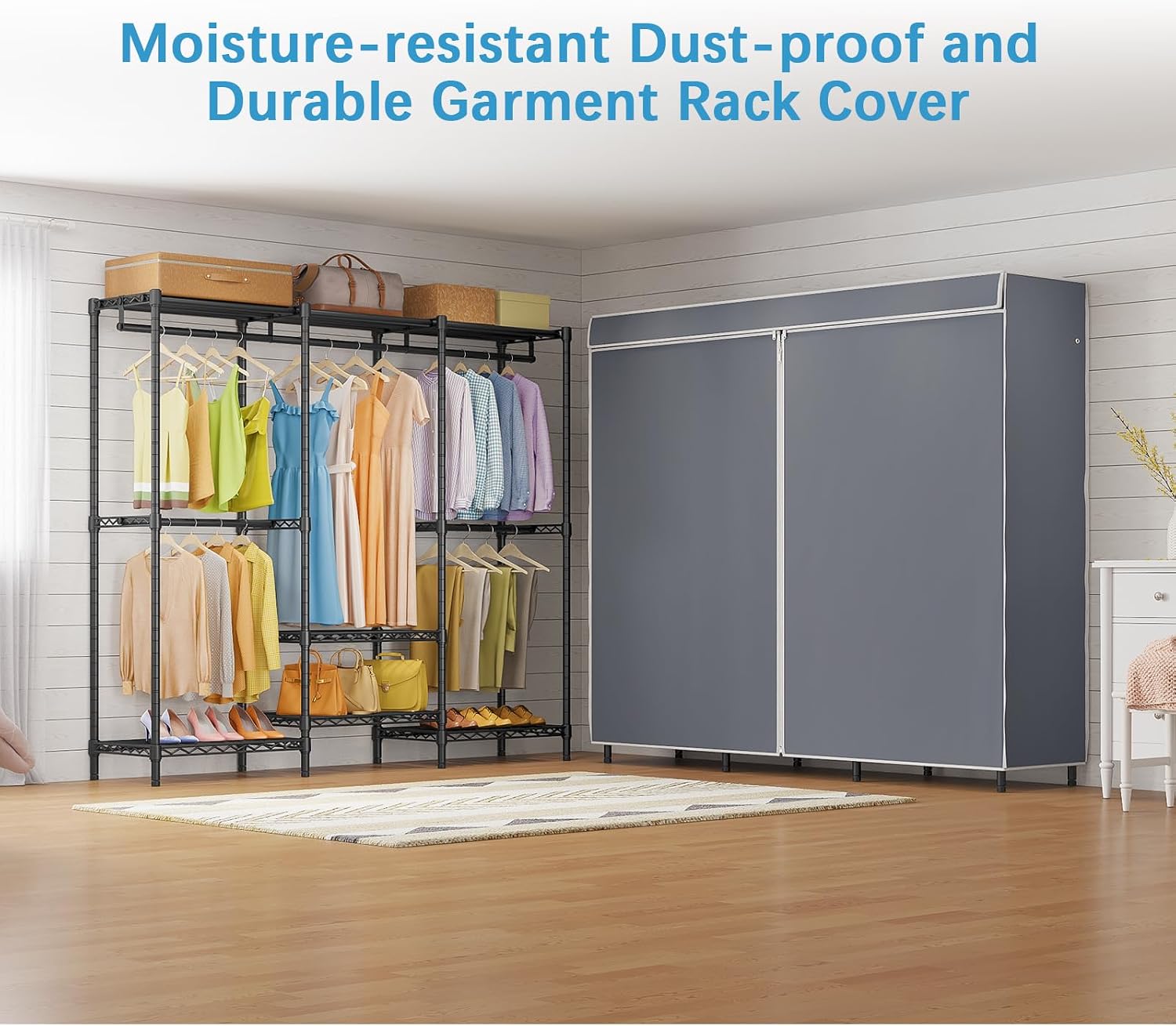 V5C SE Covered Garment Rack Heavy Duty Clothes Rack with Cover and Adjustable Shelves, Freestanding Portable Closet Racks Clothes Storage Wardrobe Closets, Black Clothing Racks with Grey Cover - Image 5