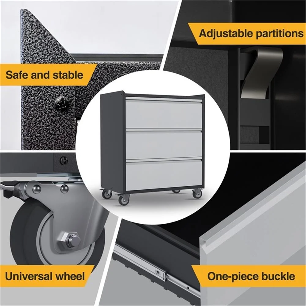GangMei Three Drawers Metal Garage Storage Cabinet with Wheels in Gray - Image 4