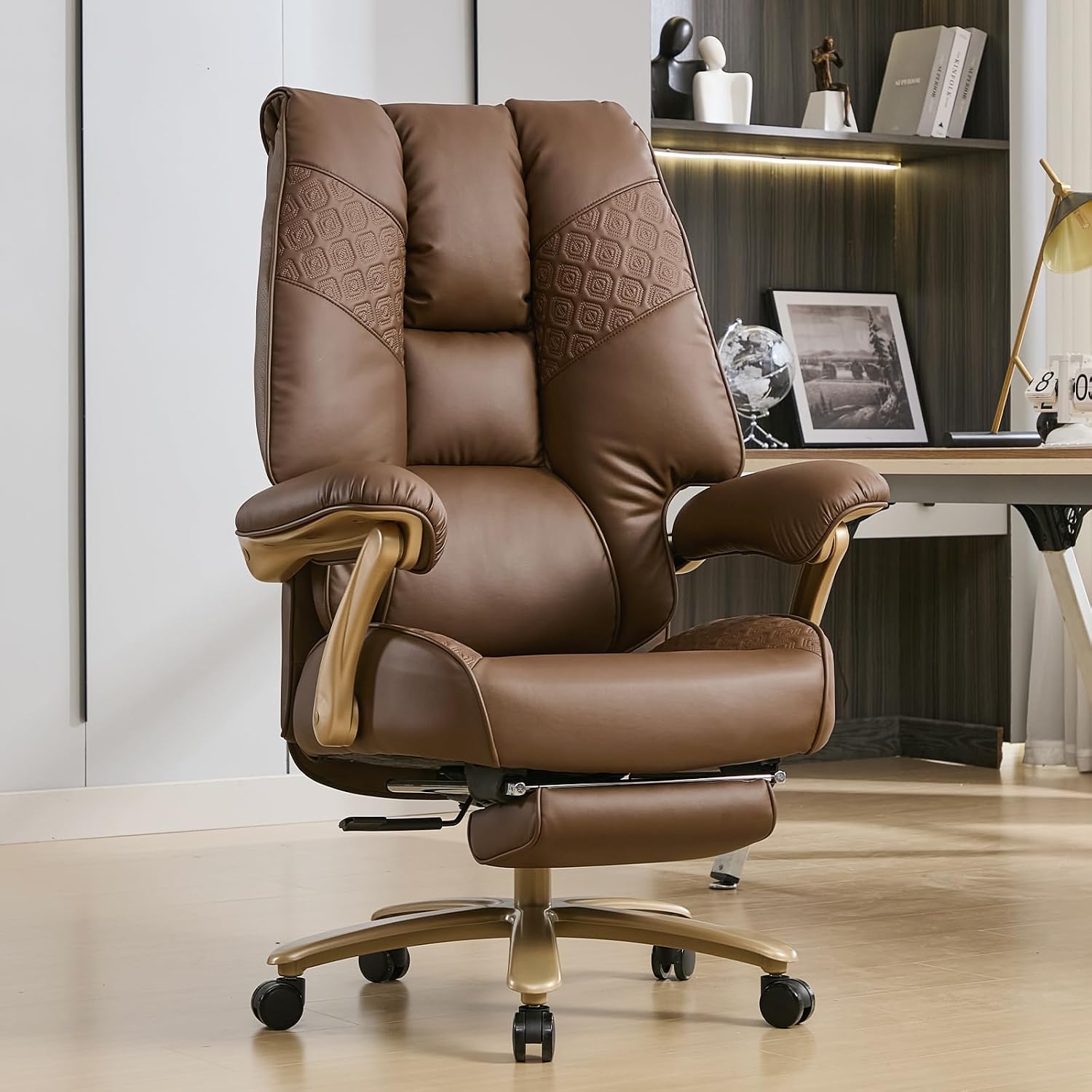Big and Tall Executive Office Chair with Footrest, 400LBS Capacity Ergonomic High-Back Desk Office Chair with Lumbar Support, Padded Armrests & Thick Cushion, Black PU Leather Chairs