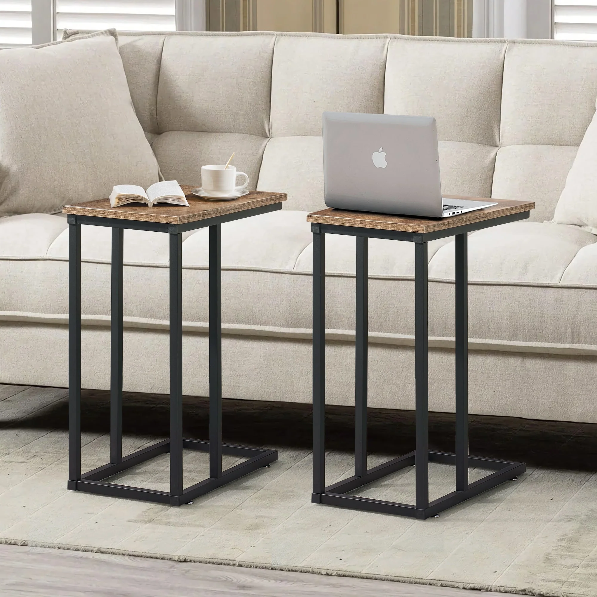 Set of 2 C-Shaped Sofa Side Tables, Small End Tables for Living Room, Bedside and TV Tray - Image 2