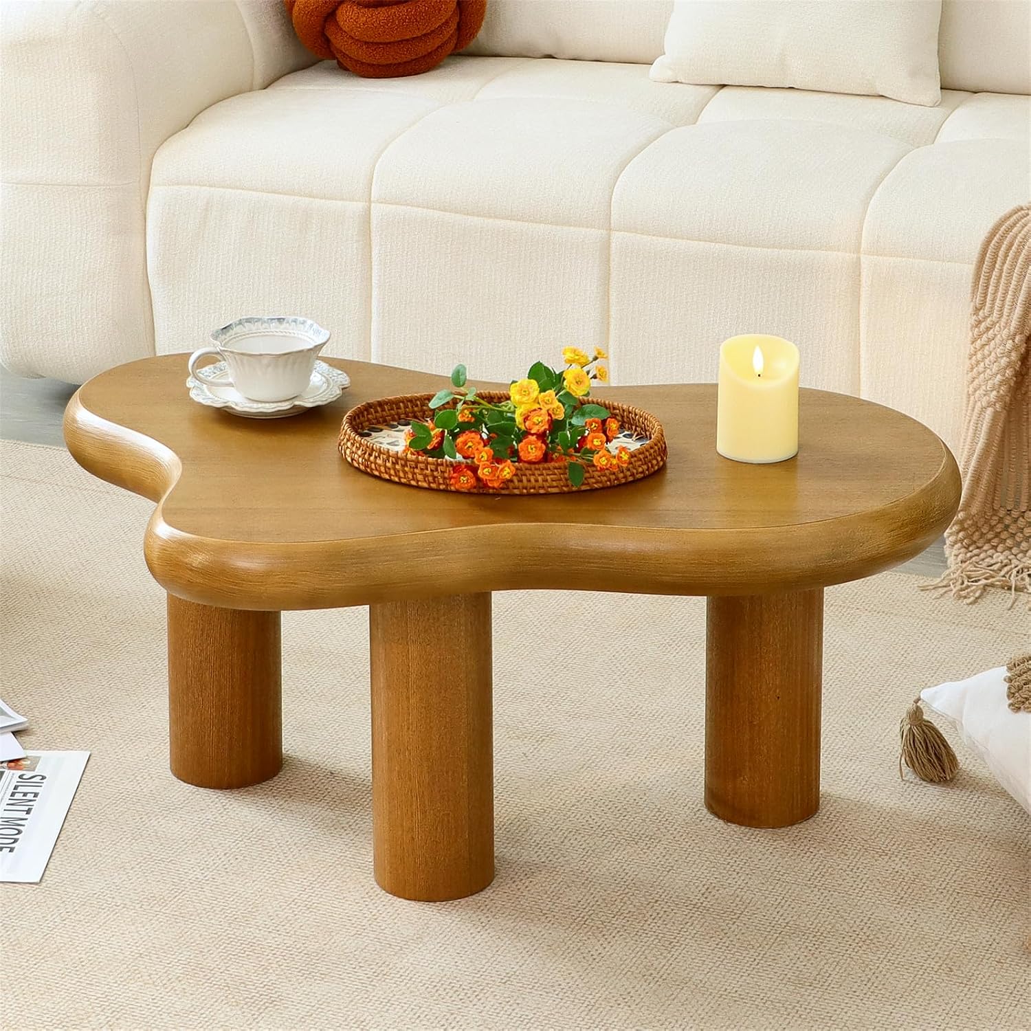 34"(L) Cloud Coffee Table, Modern Wood Coffee Table for Living Room, Accent Center Tables with 3 Legs, Small Tea Tables for Balcony, Patio, Bedroom, Walnut - Image 2