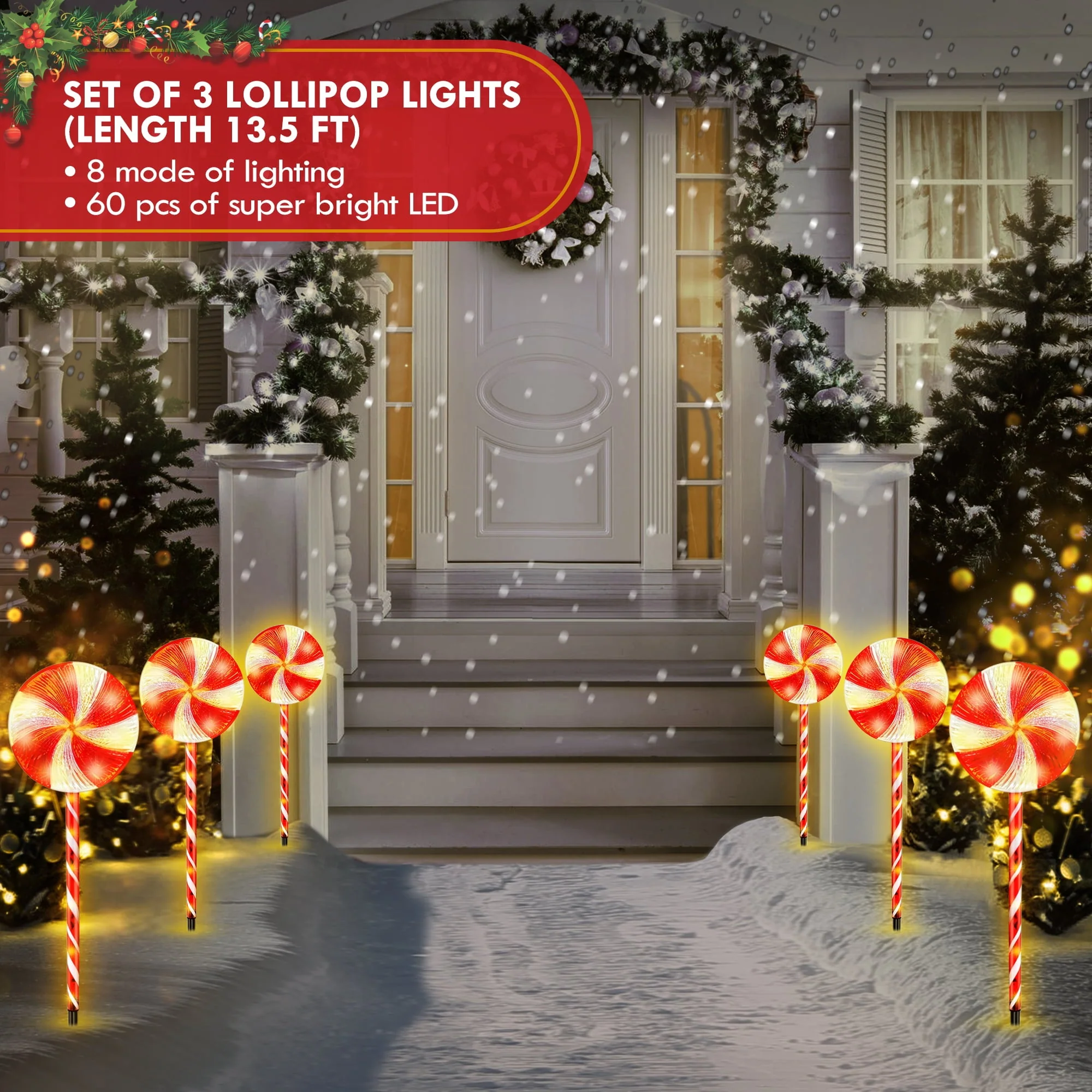 Set of 3 28inch Christmas Pathway Light Lollipop 8 Lighting Modes Flickering Candy Marker Waterproof Outdoor Christmas Decor Light - Image 2