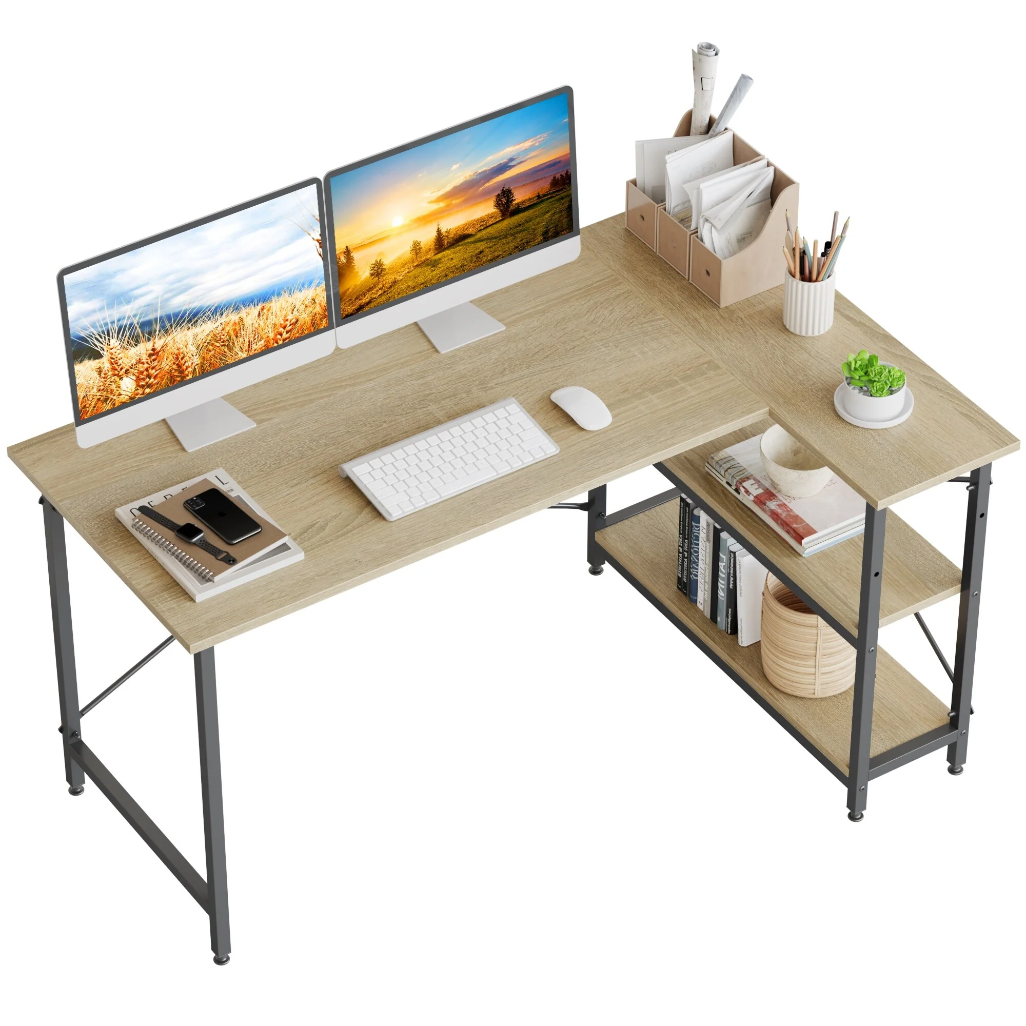 Small L Shaped Computer Desk with Storage Shelves, Compact Corner Workstation for Home Office and Study - Image 46