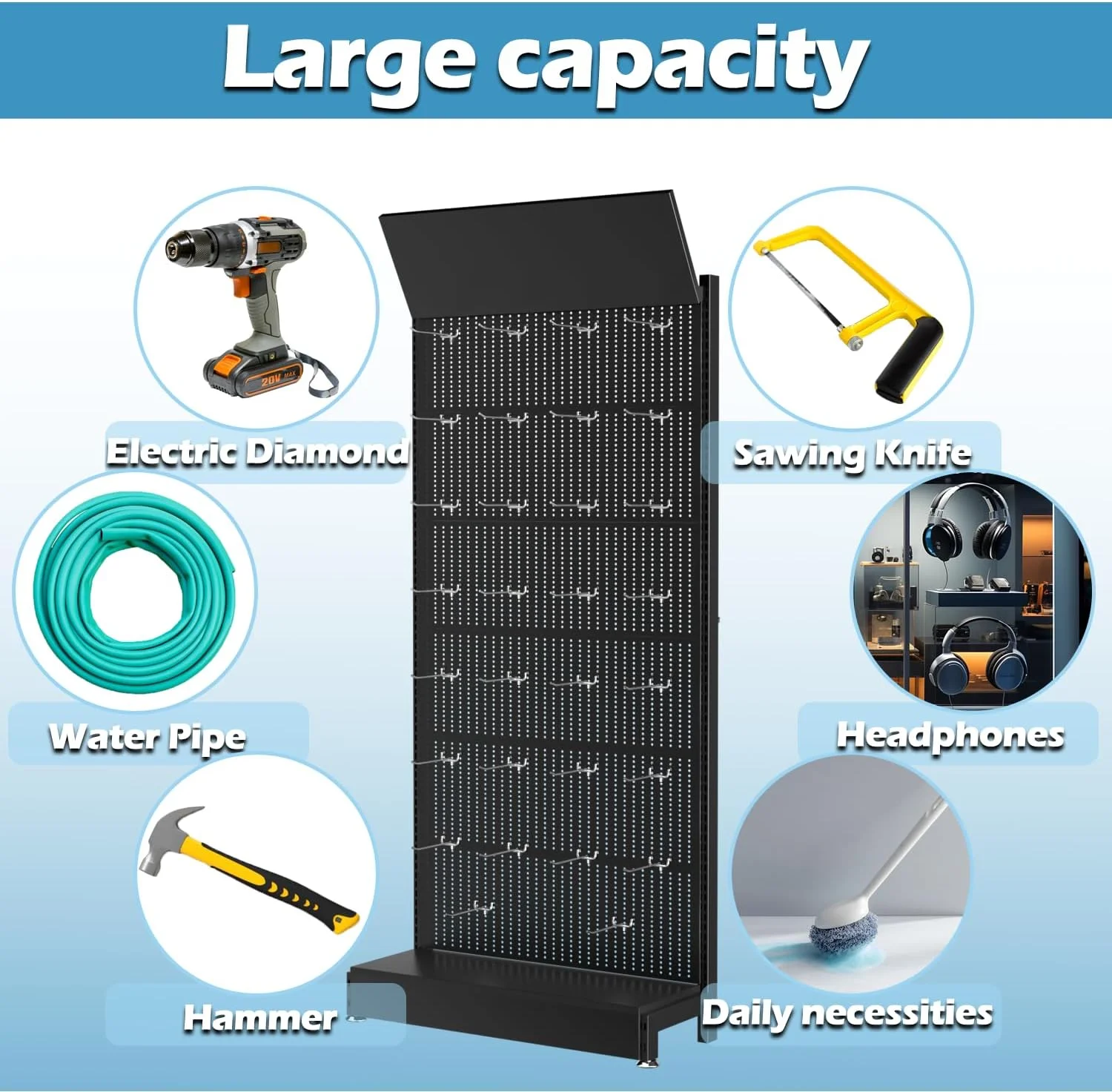 Ztysn Metal Pegboard Stand Shelf,with 30 Hooks,85x36x13 in,Garage Tool Storage Pegboard Organizer Retail Display Rack for Craft Shows,Exhibition Hall/Black - Image 6