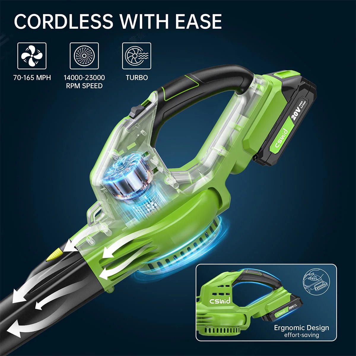 Leaf Blower, 20V Cordless Leaf Blower with 2 X 2.0 Ah Battery & Charger, Electric Leaf Blower for Lawn Care, 2 Speed Mode, 320CFM 165MPH Battery Powered Leaf Blower for Patio, Garden Cleaning - Image 2