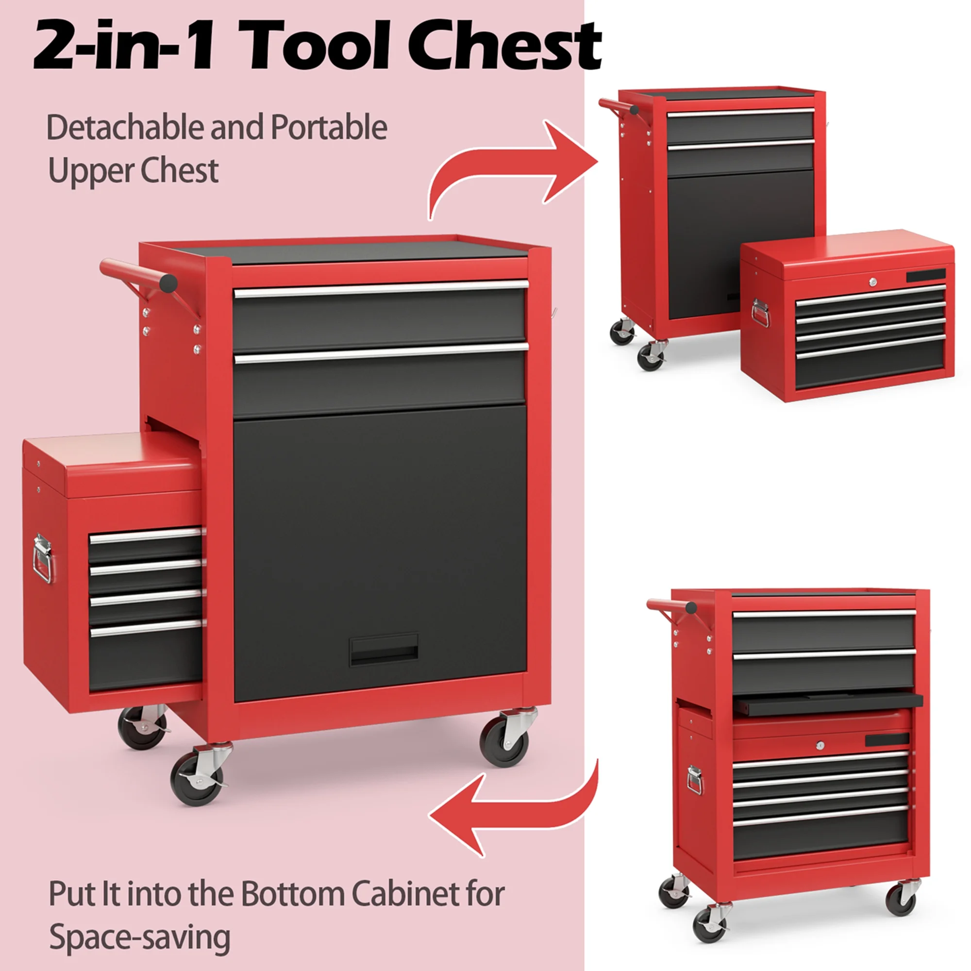 Costway 2 in 1 Rolling Cabinet Storage Chest Box Organizer w/ 6 Drawers Black - Image 23