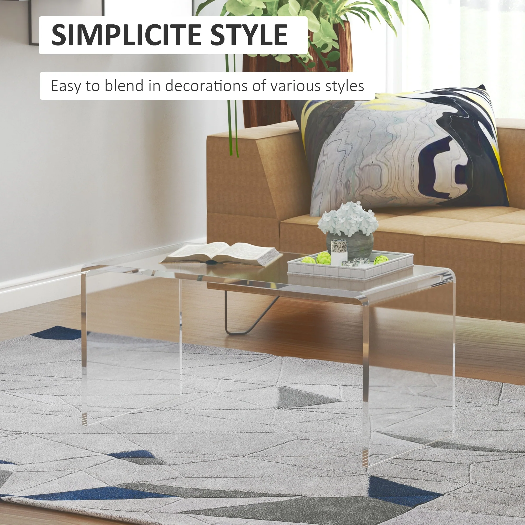 32" Clear Acrylic Waterfall Coffee Table, 20mm Thick Rectangle Modern Transparent Table for Living Room - Image 3