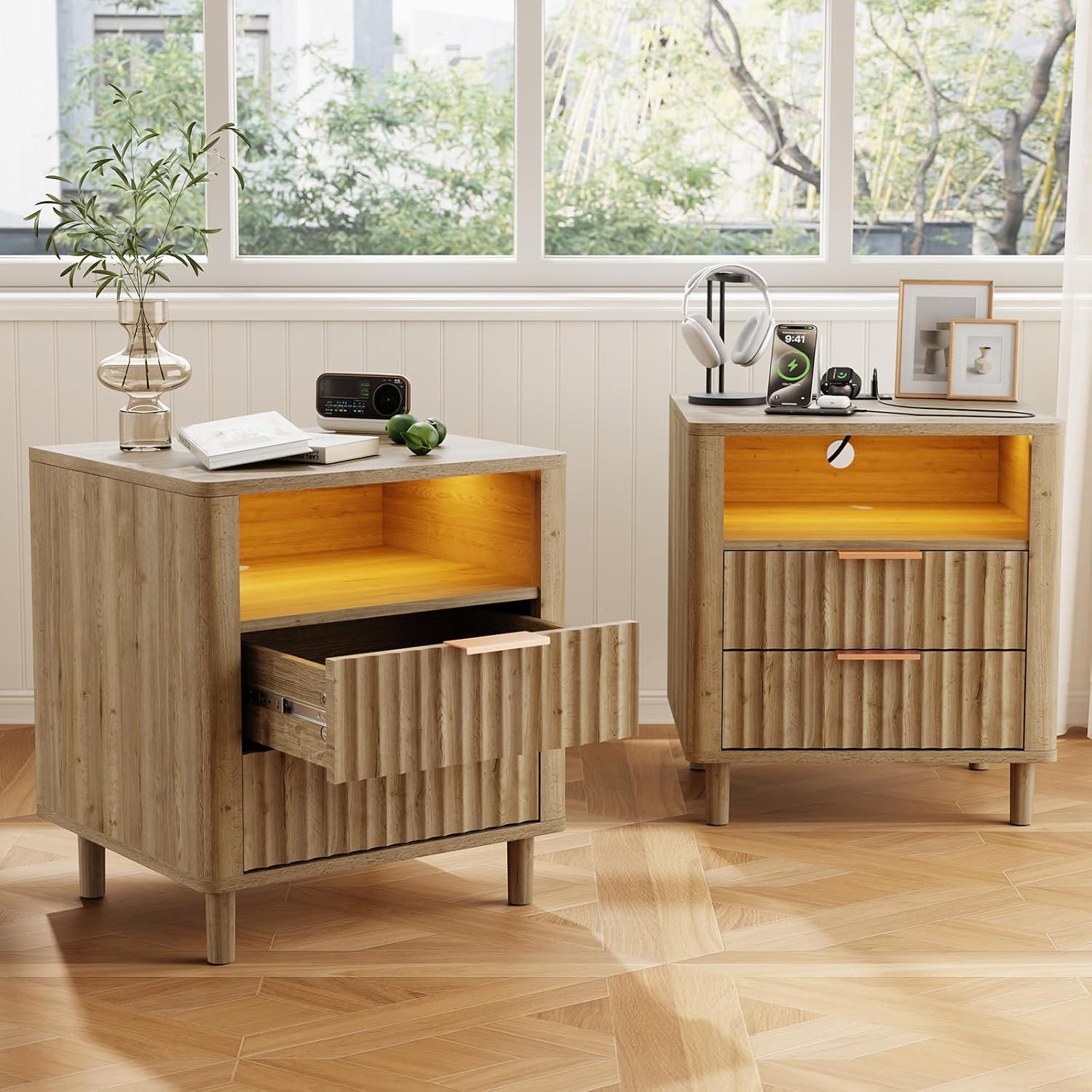 Fluted Nightstand with Charging Station, 2 Drawers Oak - Image 7