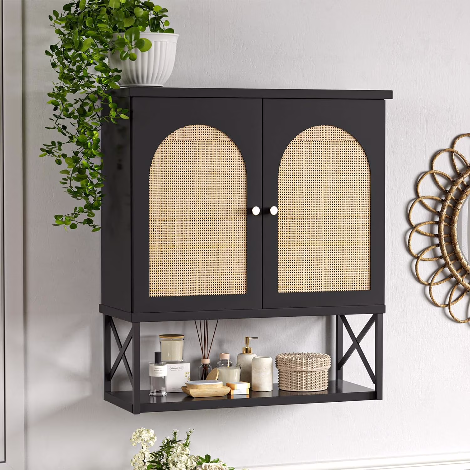 VEANERWOOD Rattan Bathroom Wall Storage Cabinet with Double Doors and Adjustable Shelves, Medicine Wall Storage Cabinet for Kitchen, Toilet, Bathroom - Image 3