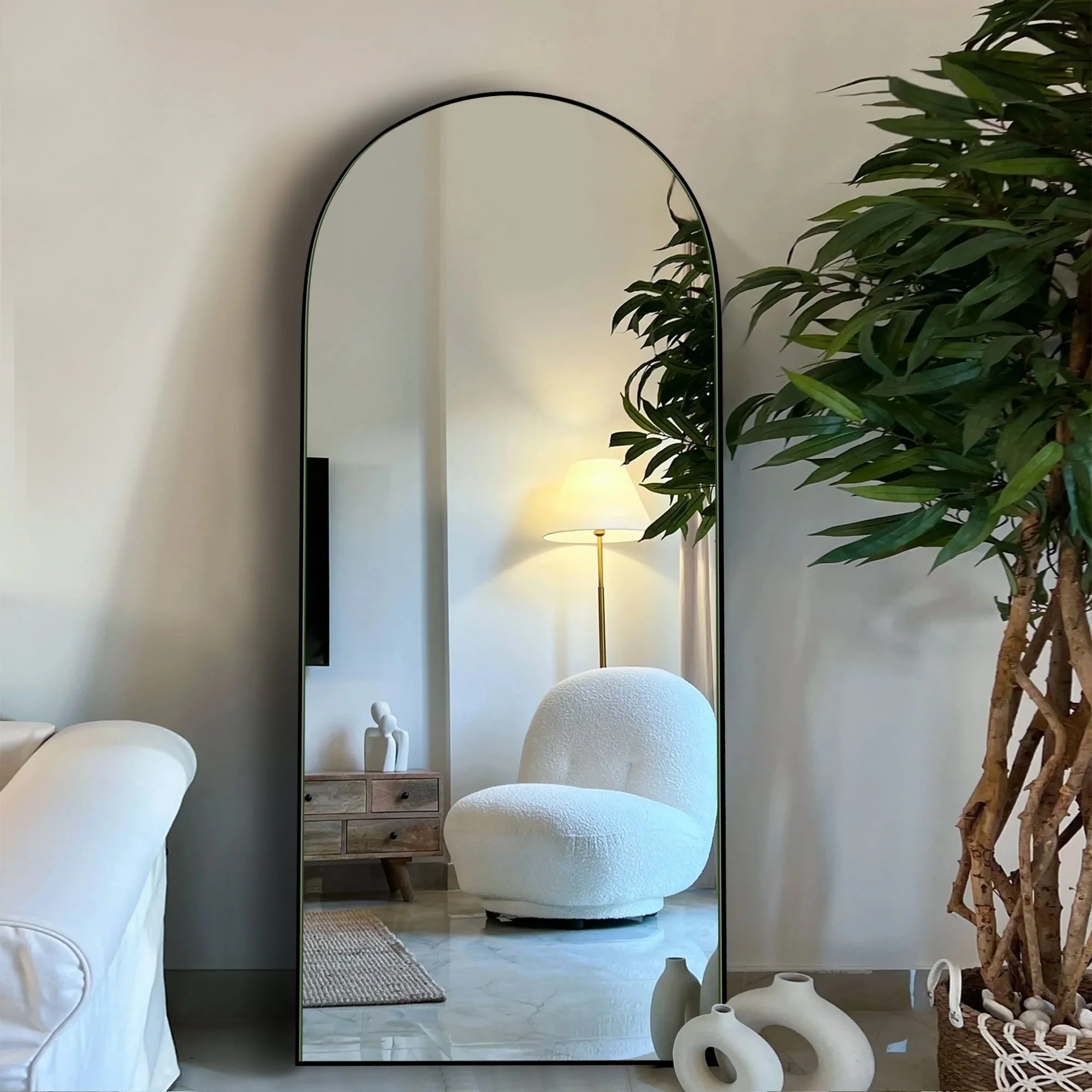 Arched Full Length Wood Floor Mirror, Full Body Standing and Wall Mounted Mirror for Bedroom, Living Room and Home Decor - Image 2