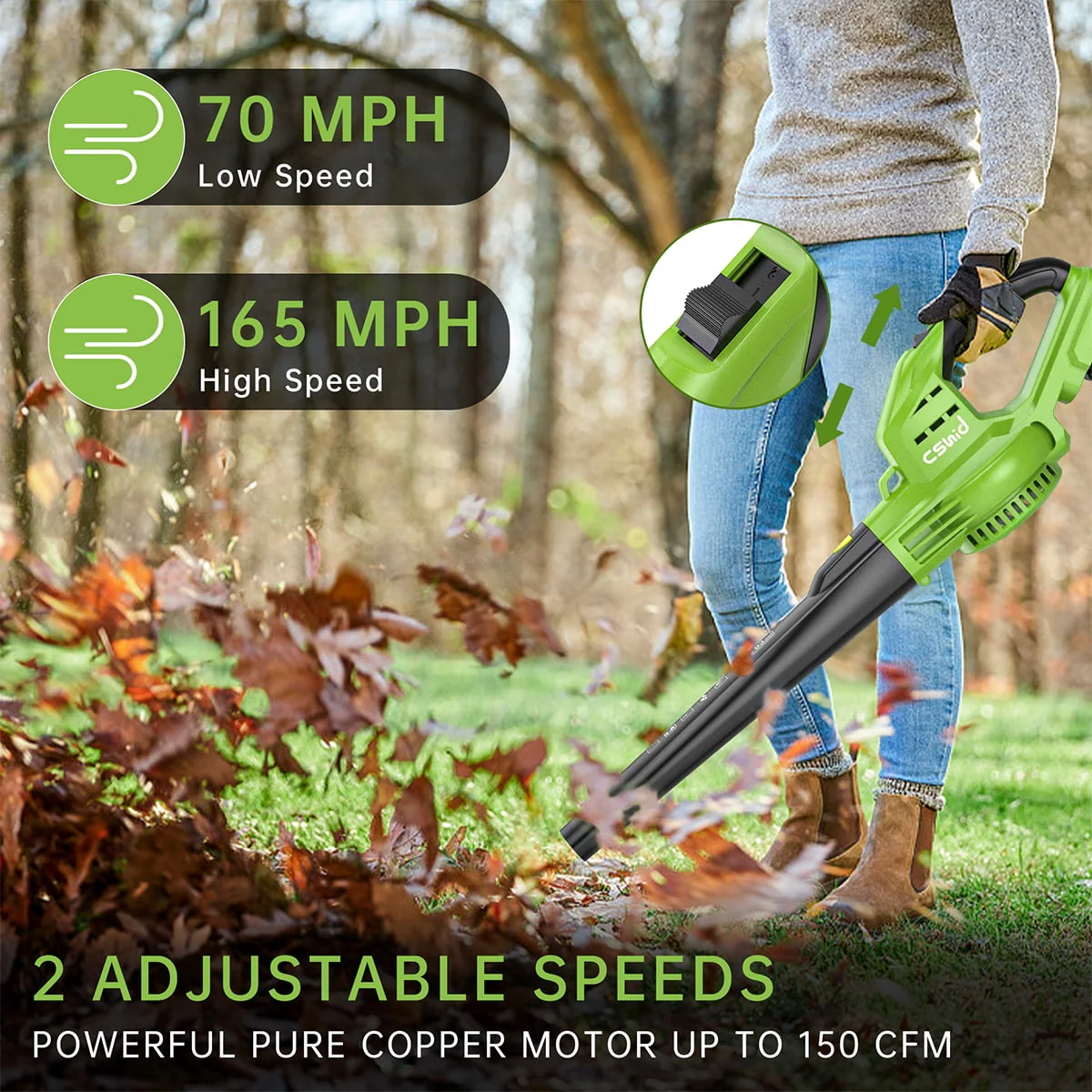 Leaf Blower, 20V Cordless Leaf Blower with 2 X 2.0 Ah Battery & Charger, Electric Leaf Blower for Lawn Care, 2 Speed Mode, 320CFM 165MPH Battery Powered Leaf Blower for Patio, Garden Cleaning - Image 5