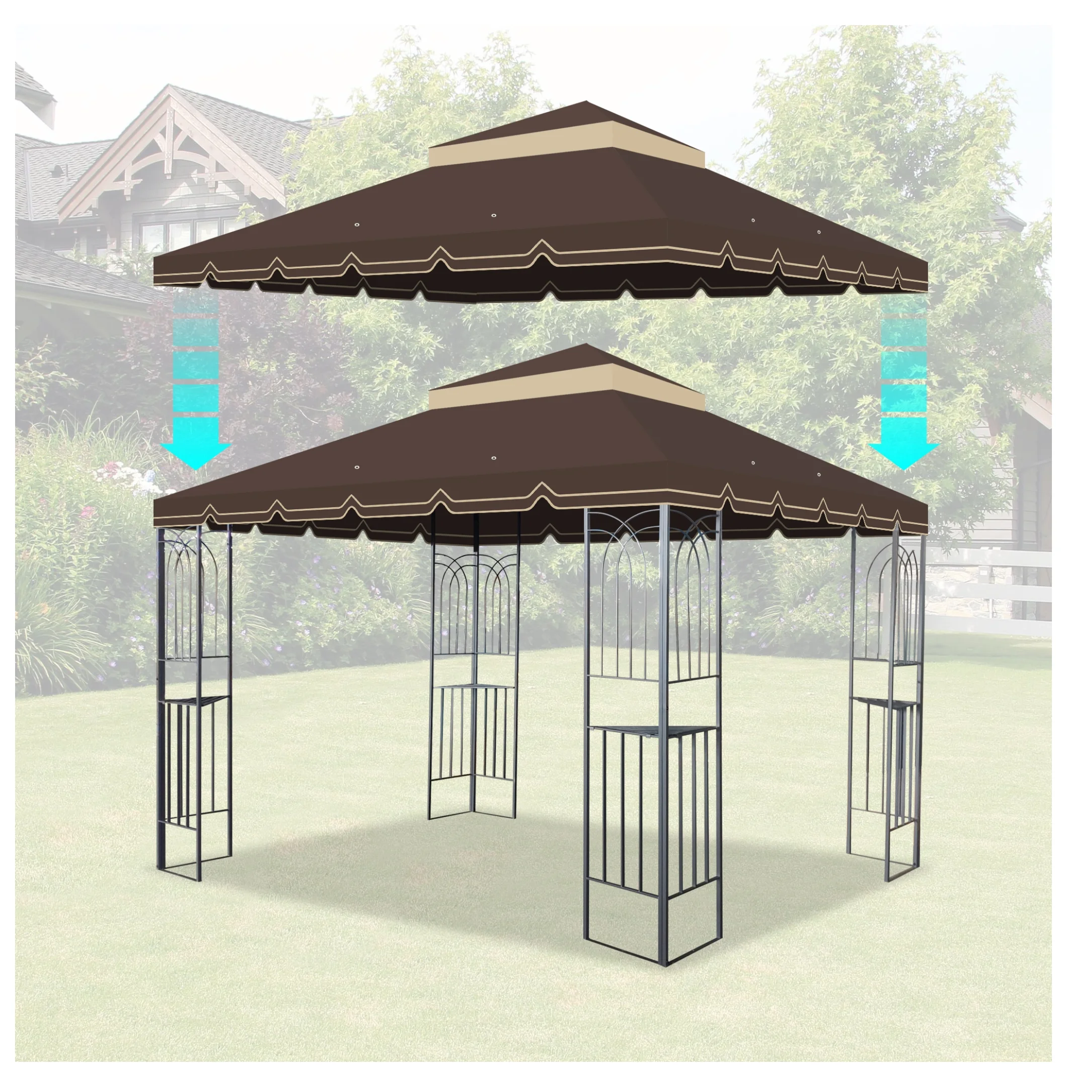 10x10 Ft Outdoor Patio Gazebo Replacement Canopy,Double Tiered Gazebo Tent Roof Top Cover Only Greatwall border(Frame Not Include)-BROWN - Image 4