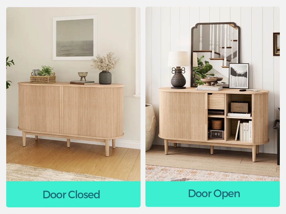 LINSY HOME Fluted Pantry Storage Cabinet, Kitchen Cabinets with Sliding Tambour Door, Wide Storage Cabinet with Removable & Adjustable Shelves for Dining Room, Living Room, Bathroom, Oak - Image 5