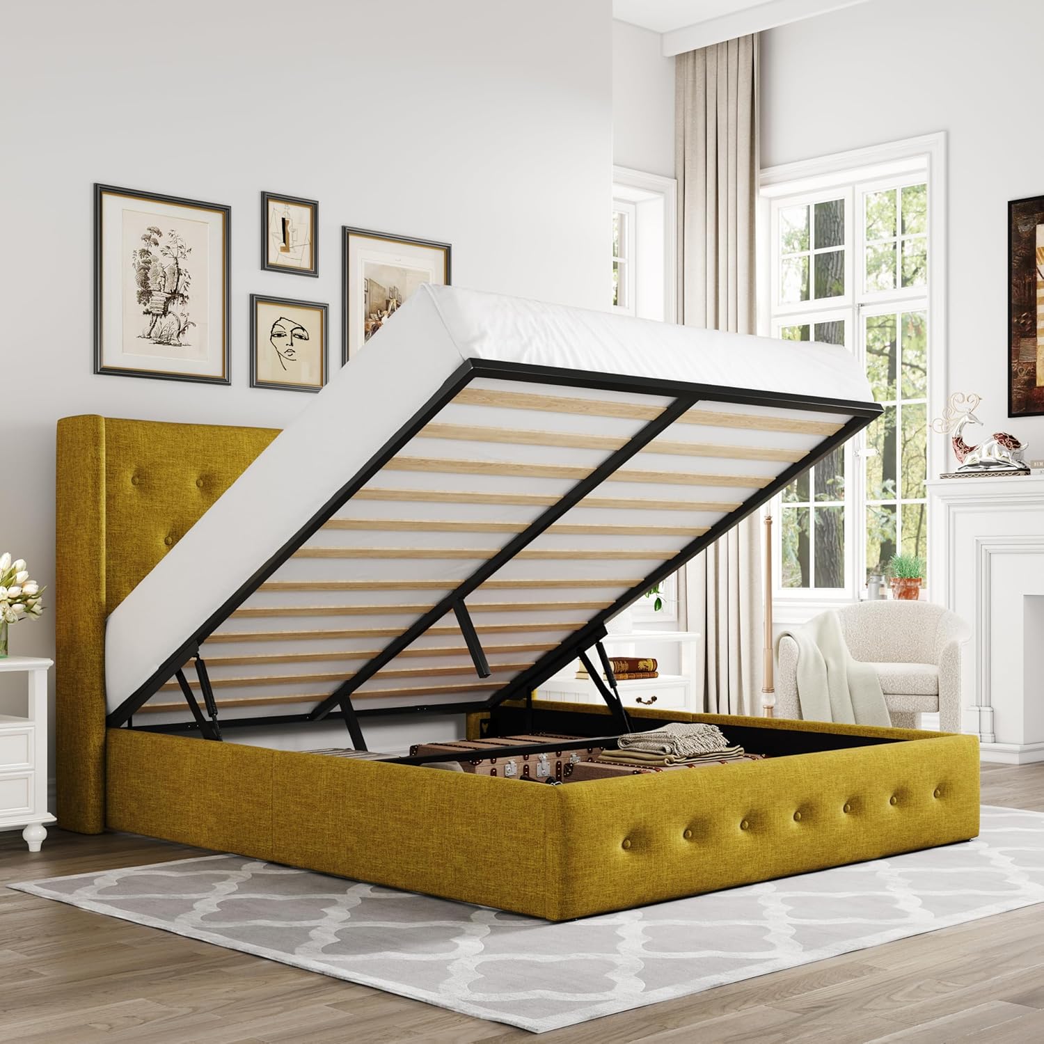 Queen Size Lift Up Storage Bed with Wingback Headboard, Upholstered Platform Bed Frame with Hidden Storage - Image 53