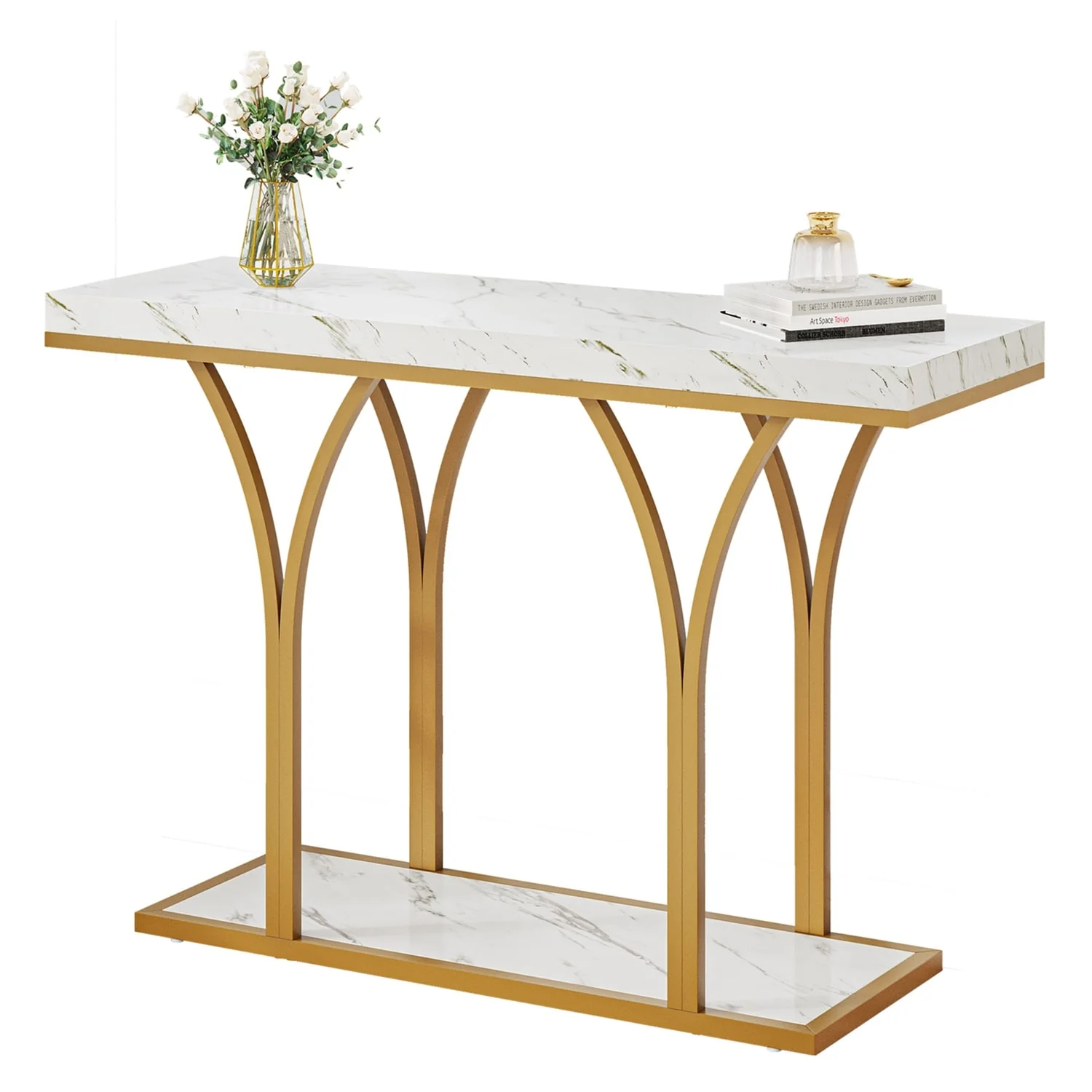 Modern Gold Console Table with Marbled Top, Sofa Table for Entryway and Hallway - Image 6