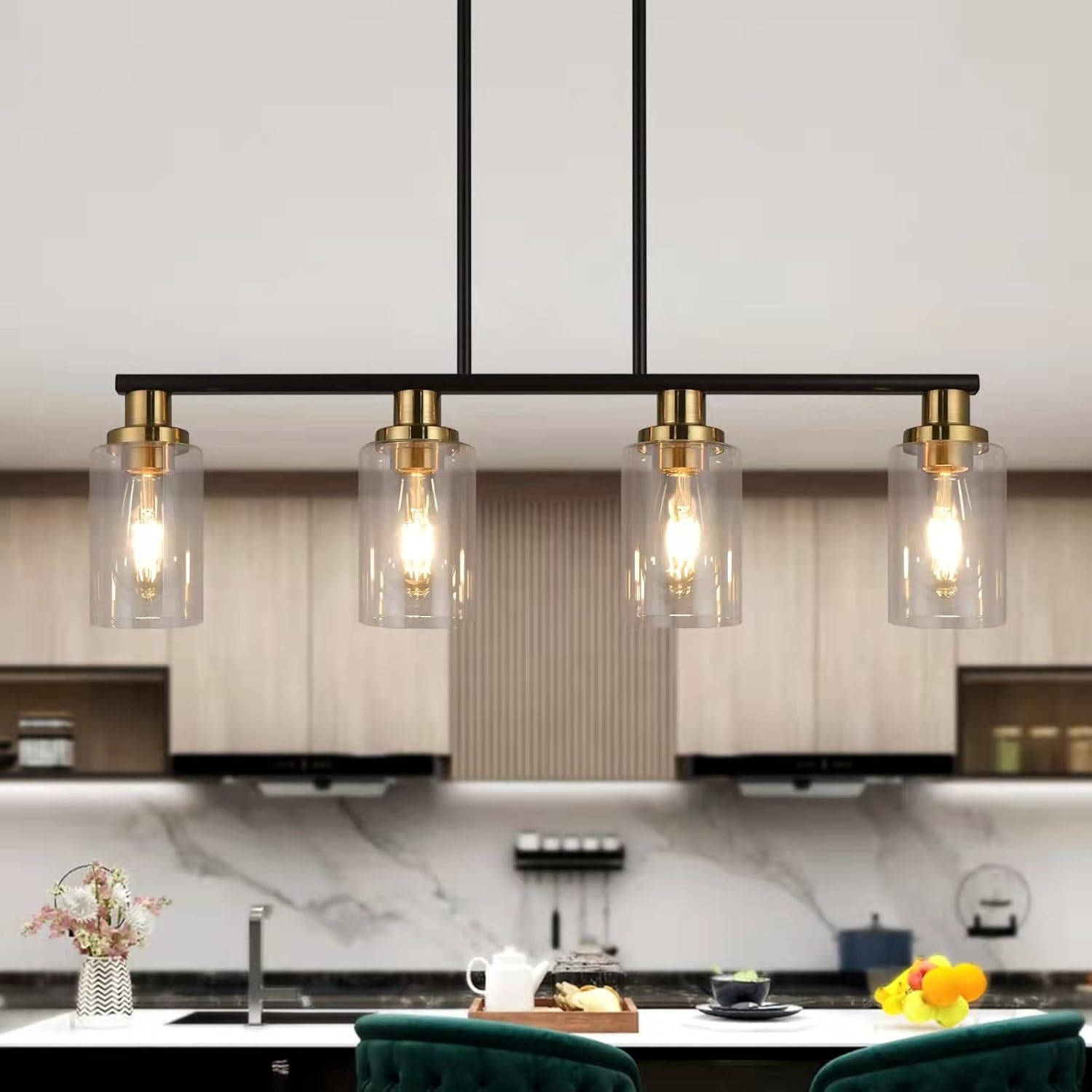 Kitchen Island Lighting, 4-Light Dining Room Light Fixtures Over Table,Gold Linear Chandelier for Dining Room Hanging,Pendant Lights Kitchen Island with Clear Glass Shade - Image 6