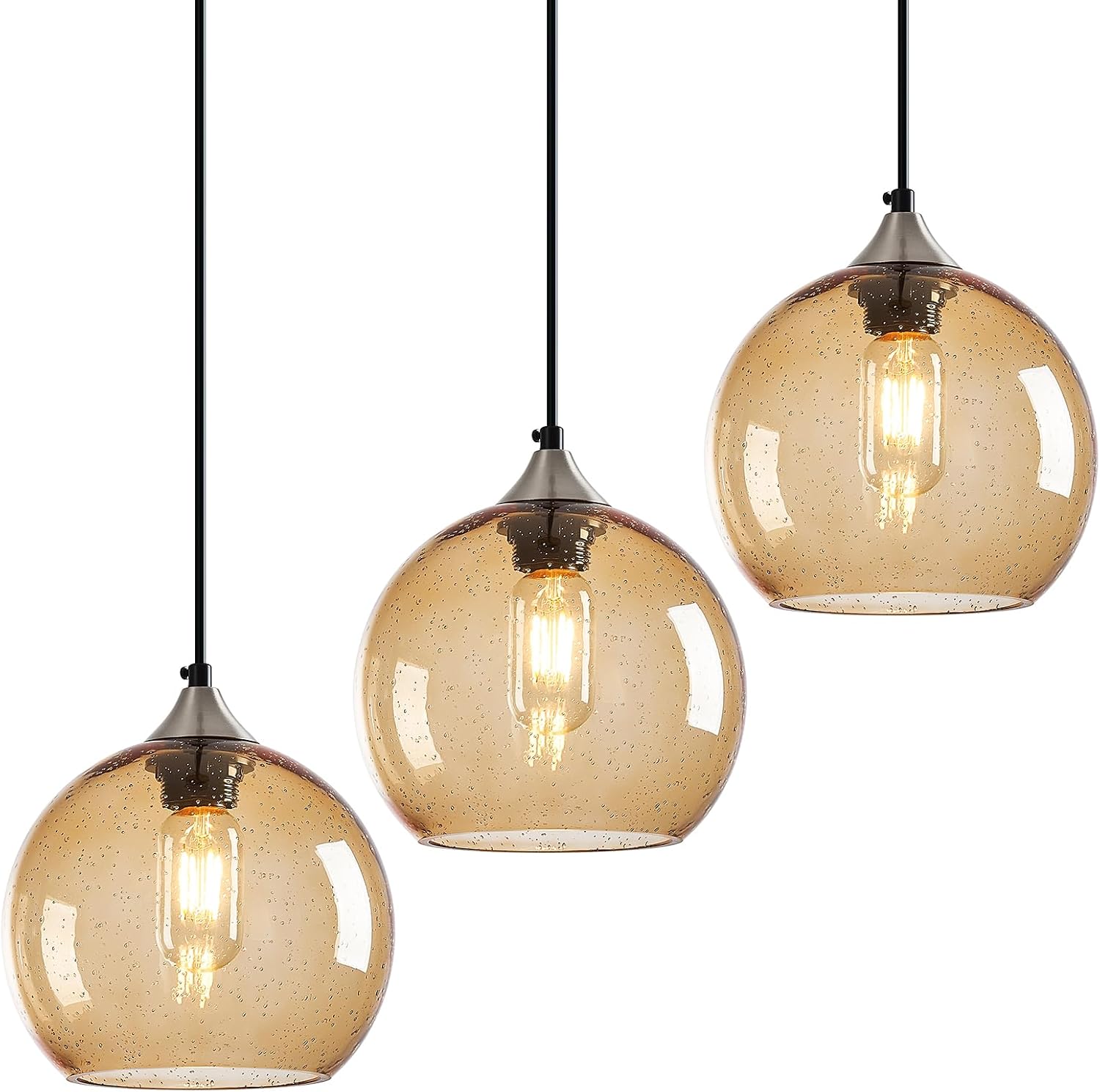 Amber Pendant Lights Kitchen Island 3 Pack, 5.9 in Seeded Glass Globe - Image 70