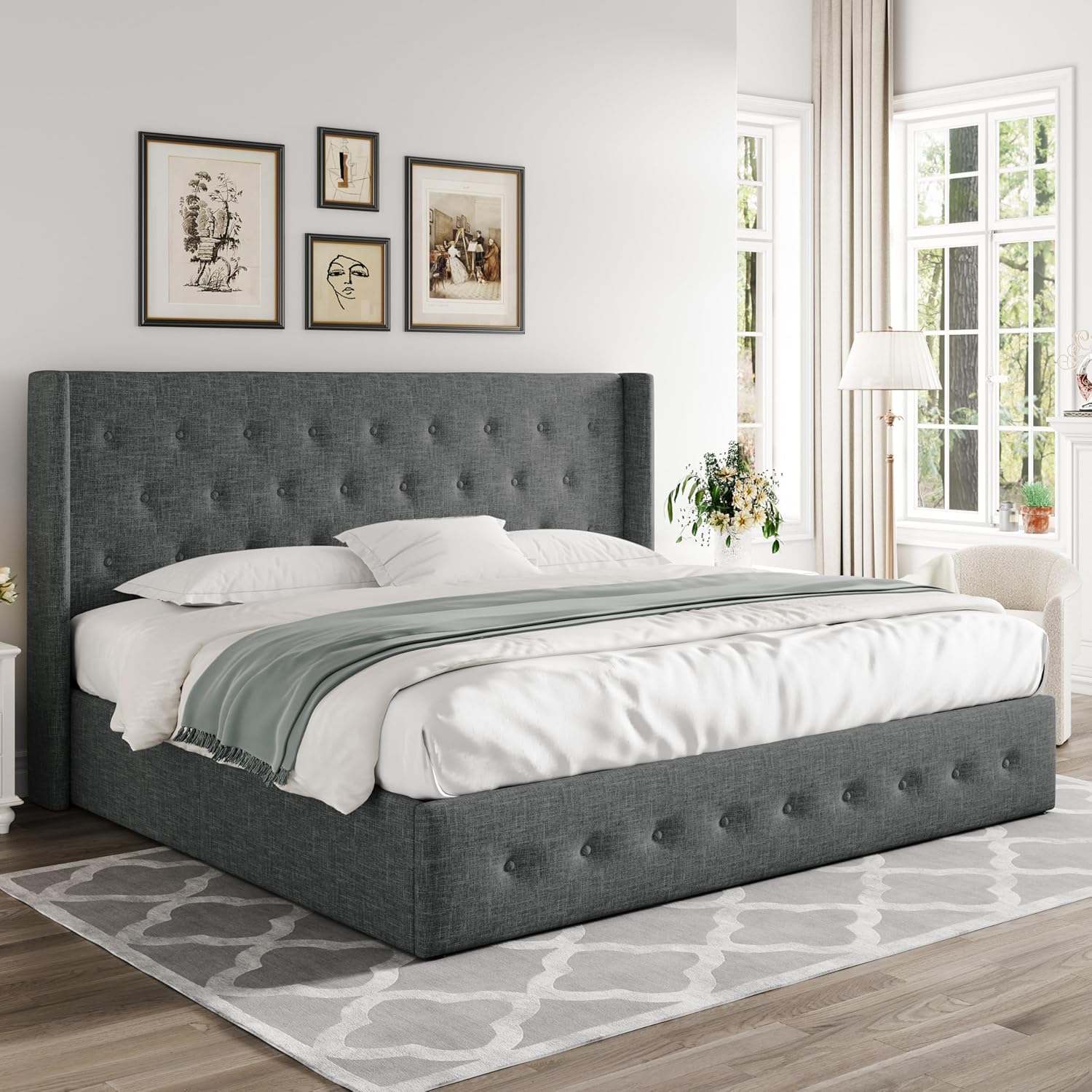 Queen Size Lift Up Storage Bed with Wingback Headboard, Upholstered Platform Bed Frame with Hidden Storage - Image 77
