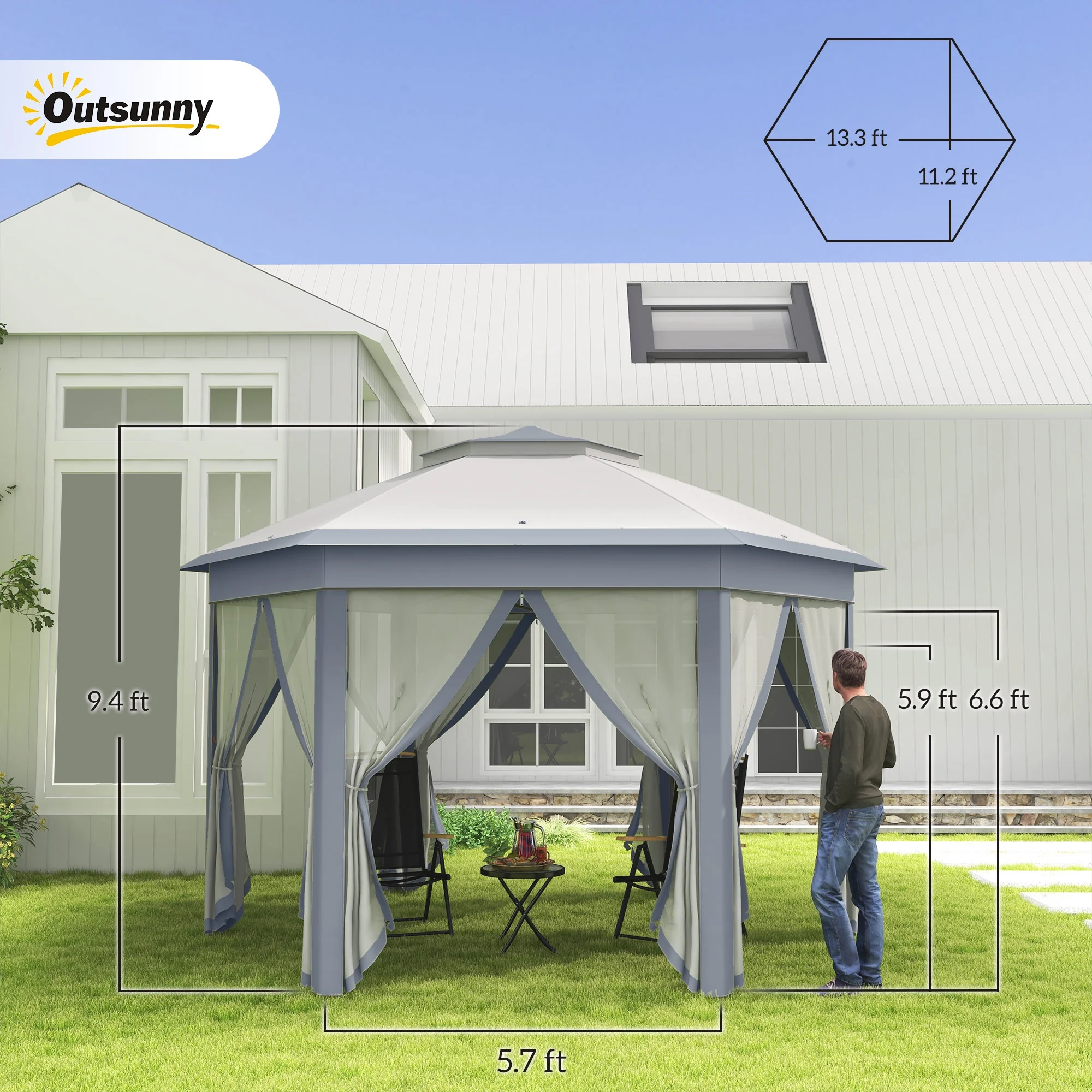 Outsunny 13' x 13' Pop Up Gazebo Hexagonal Canopy with 6 Zippered Mesh Netting, 2-Tier Roof Event Tent with Steel Frame for Patio Backyard, Gray - Image 9