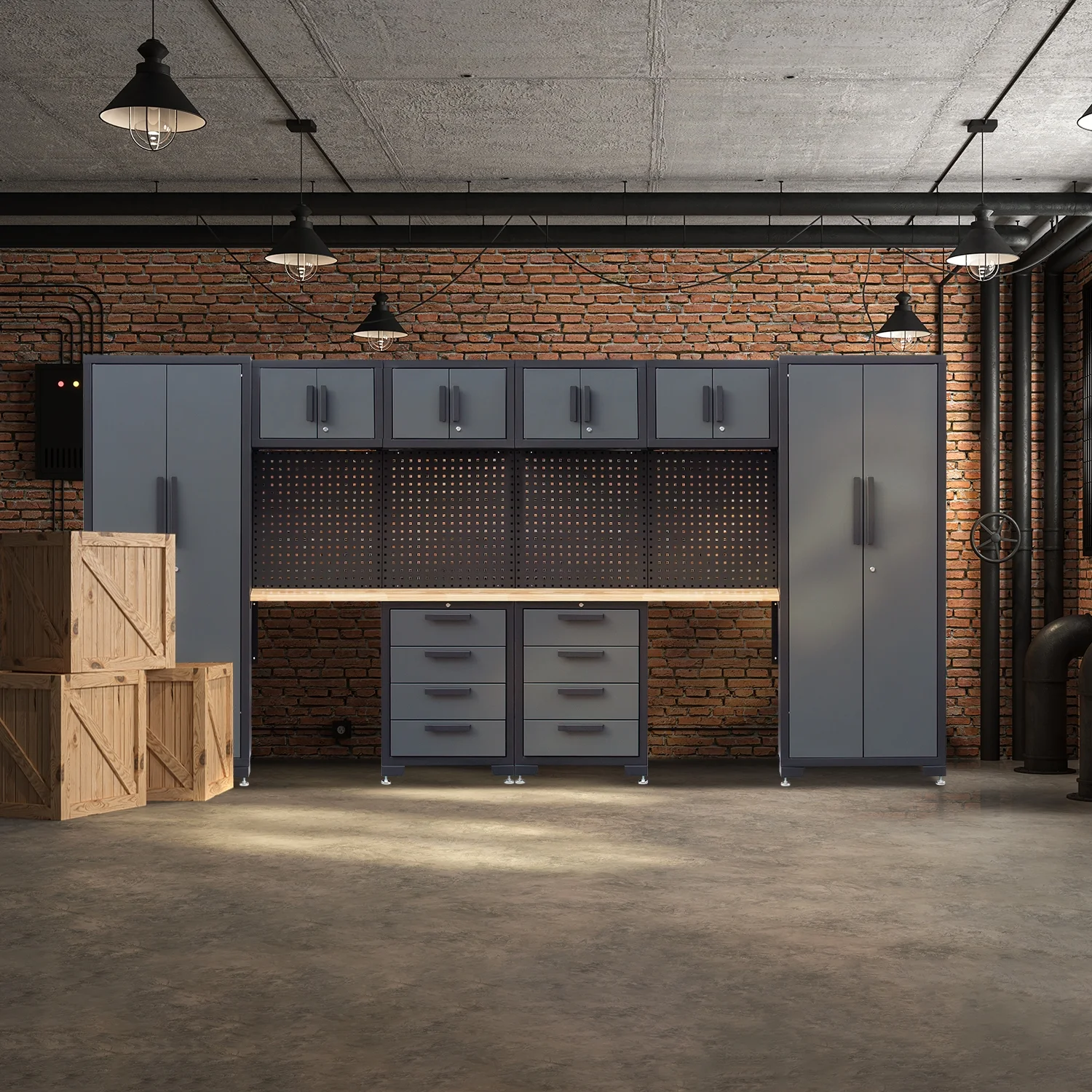 HPDMC Garage Storage Cabinet System 7-Pcs Workshop Set Metal Garage Cabinets System with Steel Cabinet Drawers, Workbench, Pegboard for Garage Tool Organization - Image 24