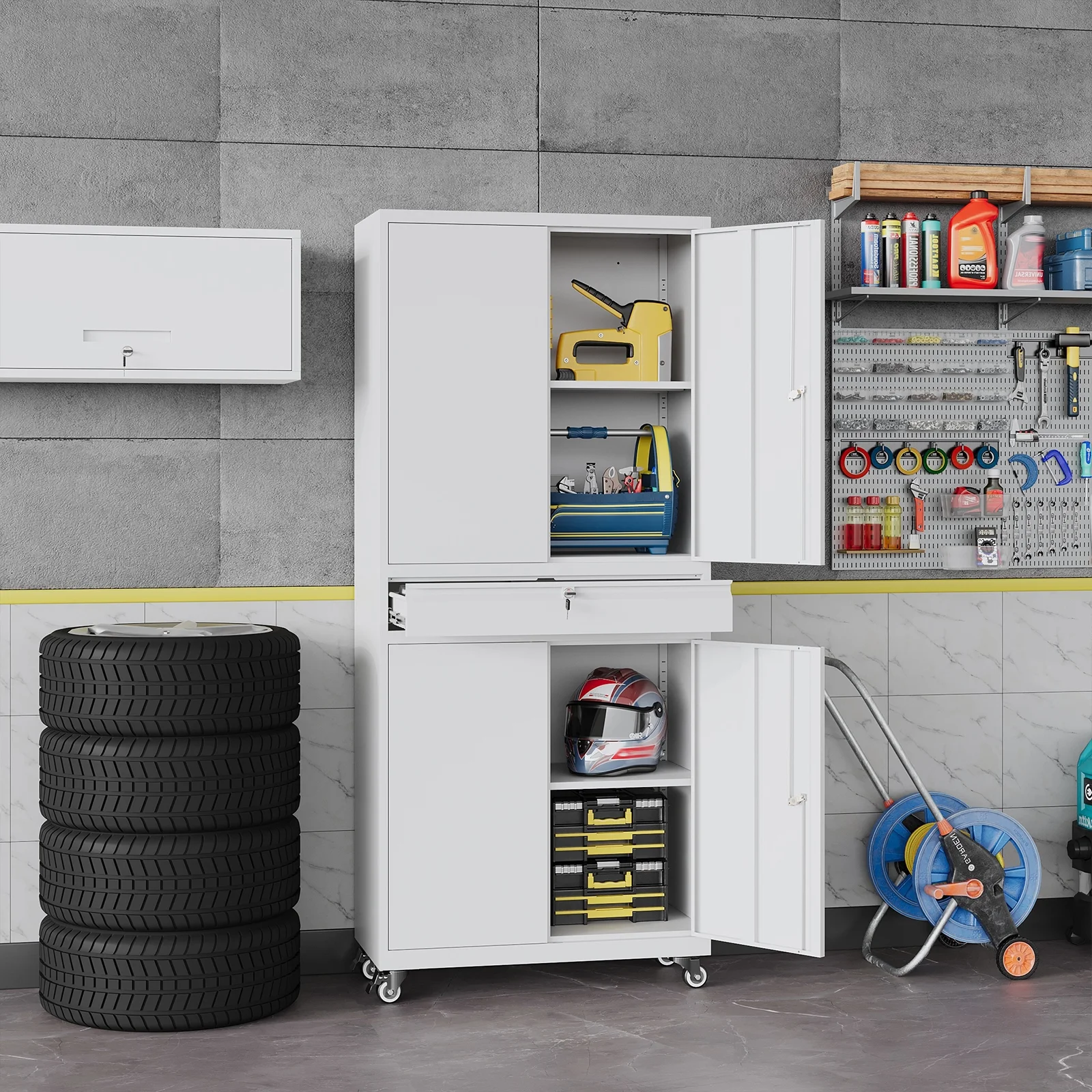 STANI Metal Garage Storage Cabinets with Drawer, 4 Doors Tool Storage Cabinet with 2 Adjustable Shelves, 73"H Rolling Steel Locking Cabinet for Garage Utility Room Home Office (Black, 4 Wheel) - Image 19