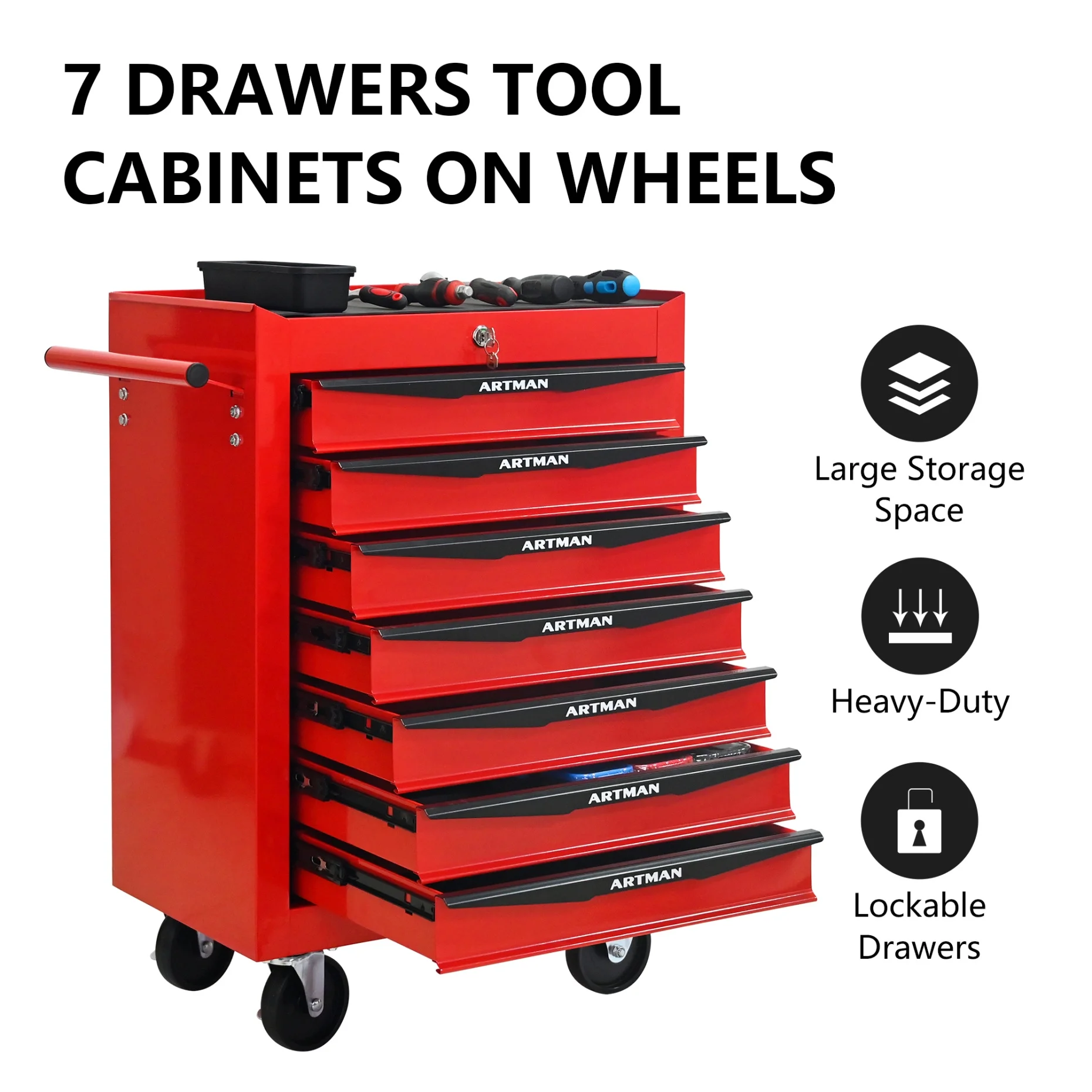 Rolling Steel Tool Chest with 7 Drawers, Ball Bearing Slides & 4-Wheel Mobility - Lockable Storage Cabinet for Workshop or Garage - Image 2