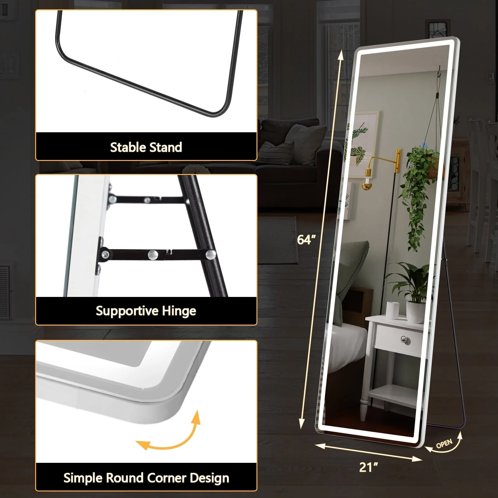 64 x 21 Inch Full Length LED Floor Mirror with Stand, Wall Mounted Full Body Mirror - Image 4