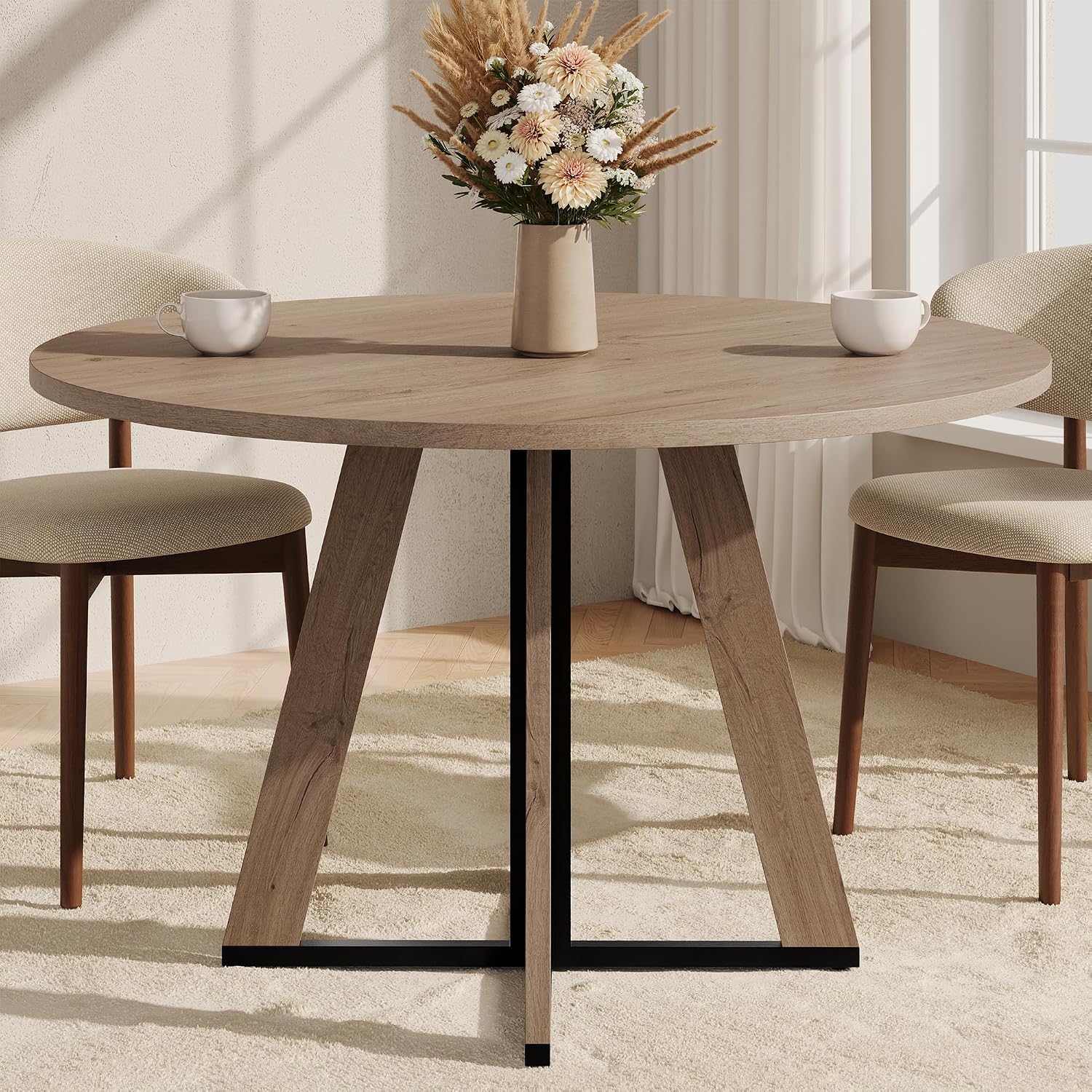 31.5 inch Round Dining Table for 2 4, Farmhouse Kitchen Table, Round Dining Room Table with Metal Legs for Small Spaces & Apartment, Space-Saving Circle Wood Dinner Table, Walnut - Image 5