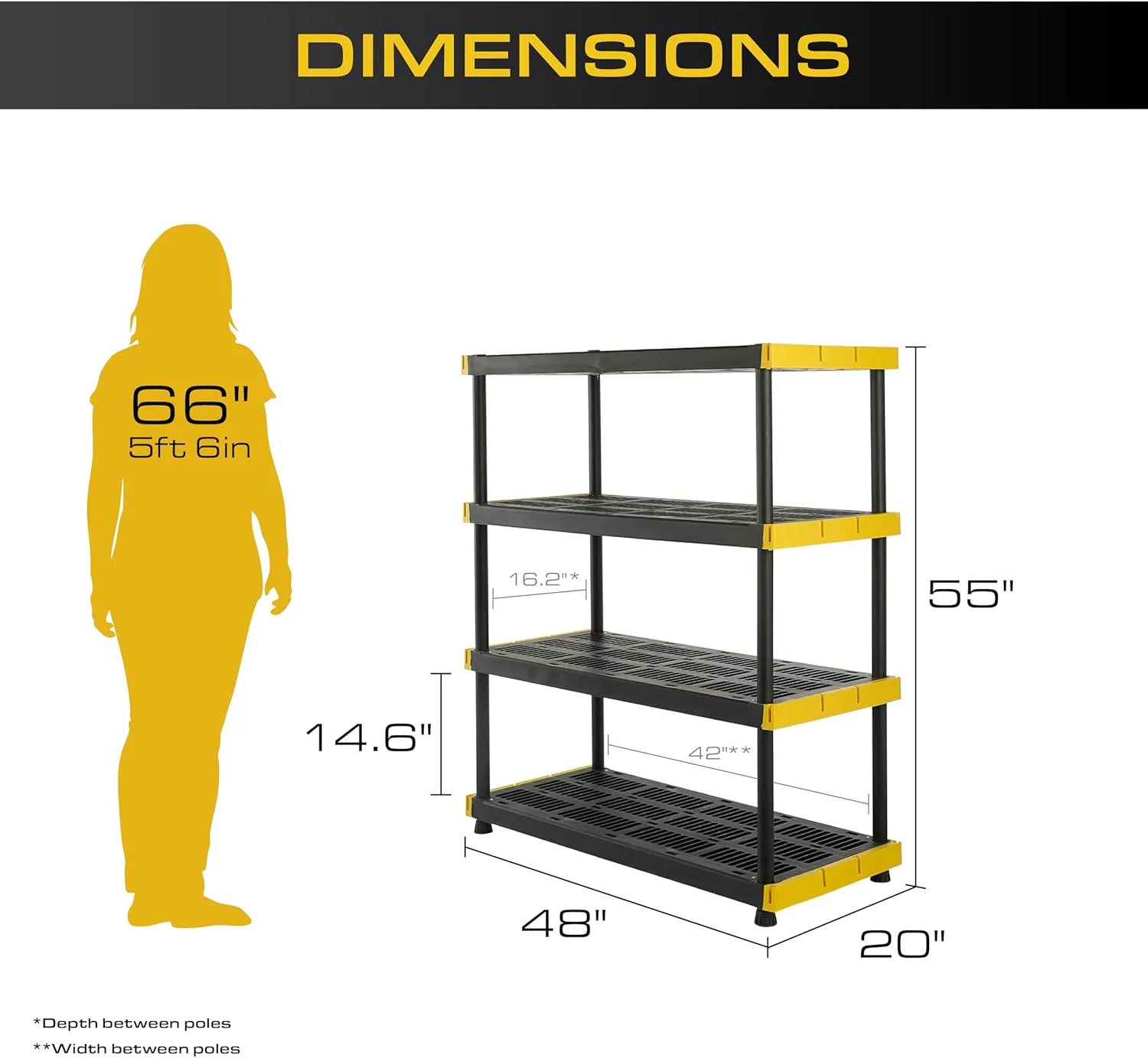 TDUKDB Black and Yellow, 4-Tier Heavy Duty Plastic Storage Shelving Unit, 200lbs/shelf (55-H x 48-W x 20-D), for Indoor/Outdoor Organization, Modular Rack - Image 2