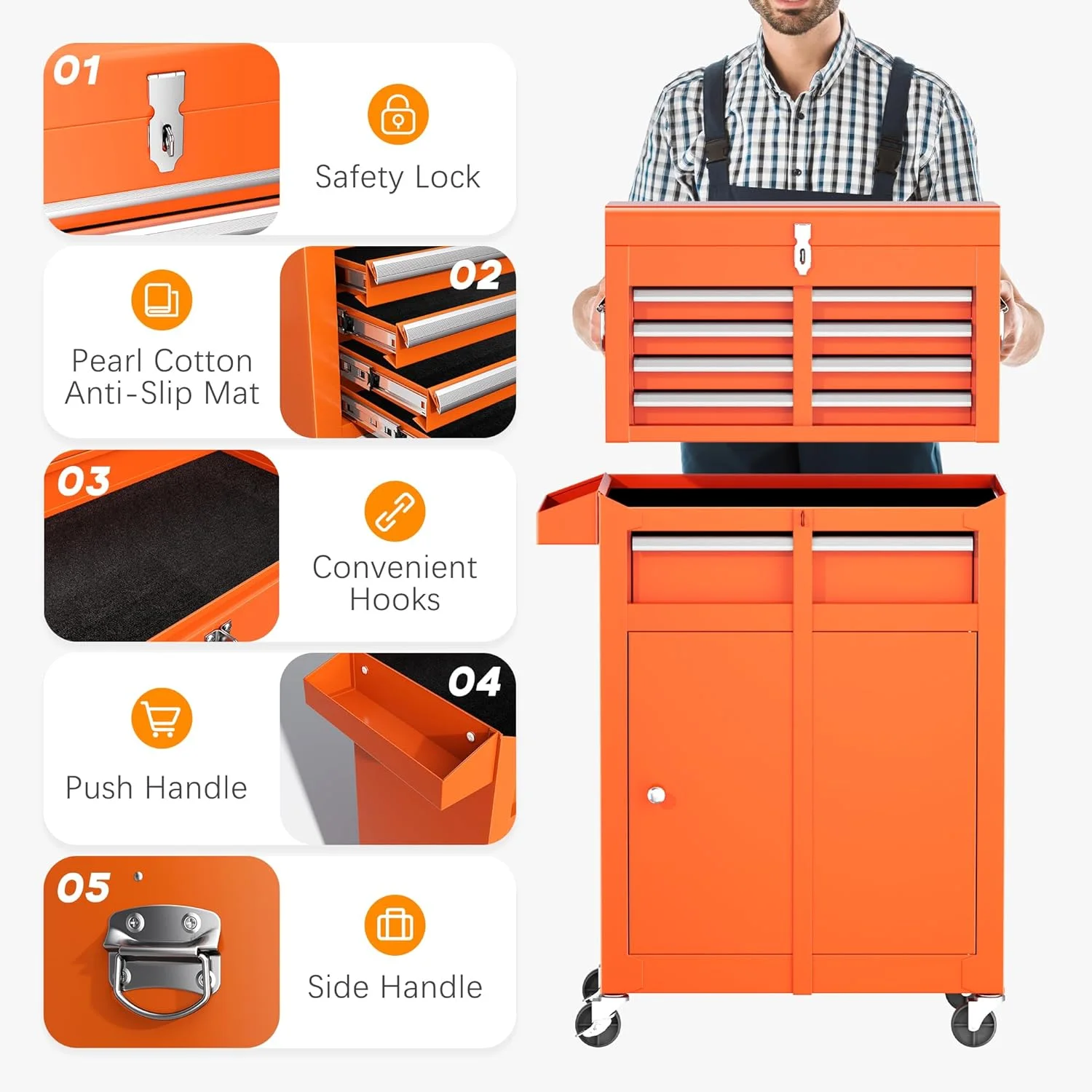SUNCROWN 2-IN-1 Tool Chest, 8-Drawer Rolling Tool Chest with Hooks and Lockable Wheels,Metal Storage Detachable Top Tool Box with Lockable Wheels for Garage, Workshop, Art Studio(Black) - Image 44