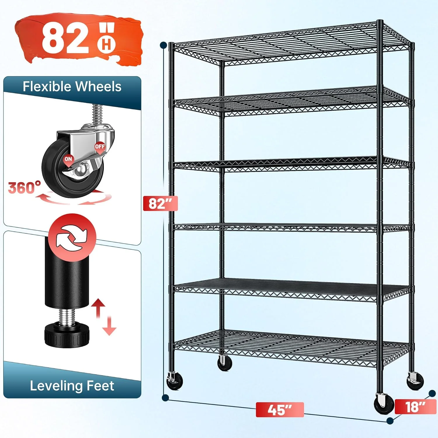 LR8 82" H X45 W X18 D Storage Shelves with Wheels, 6 Tier Wire Shelving Adjustable Metal Shelving Pantry Shelves Capacity 1600LBS for Garage Shelving, Pantry, Kitchen, Closet, Black - Image 3