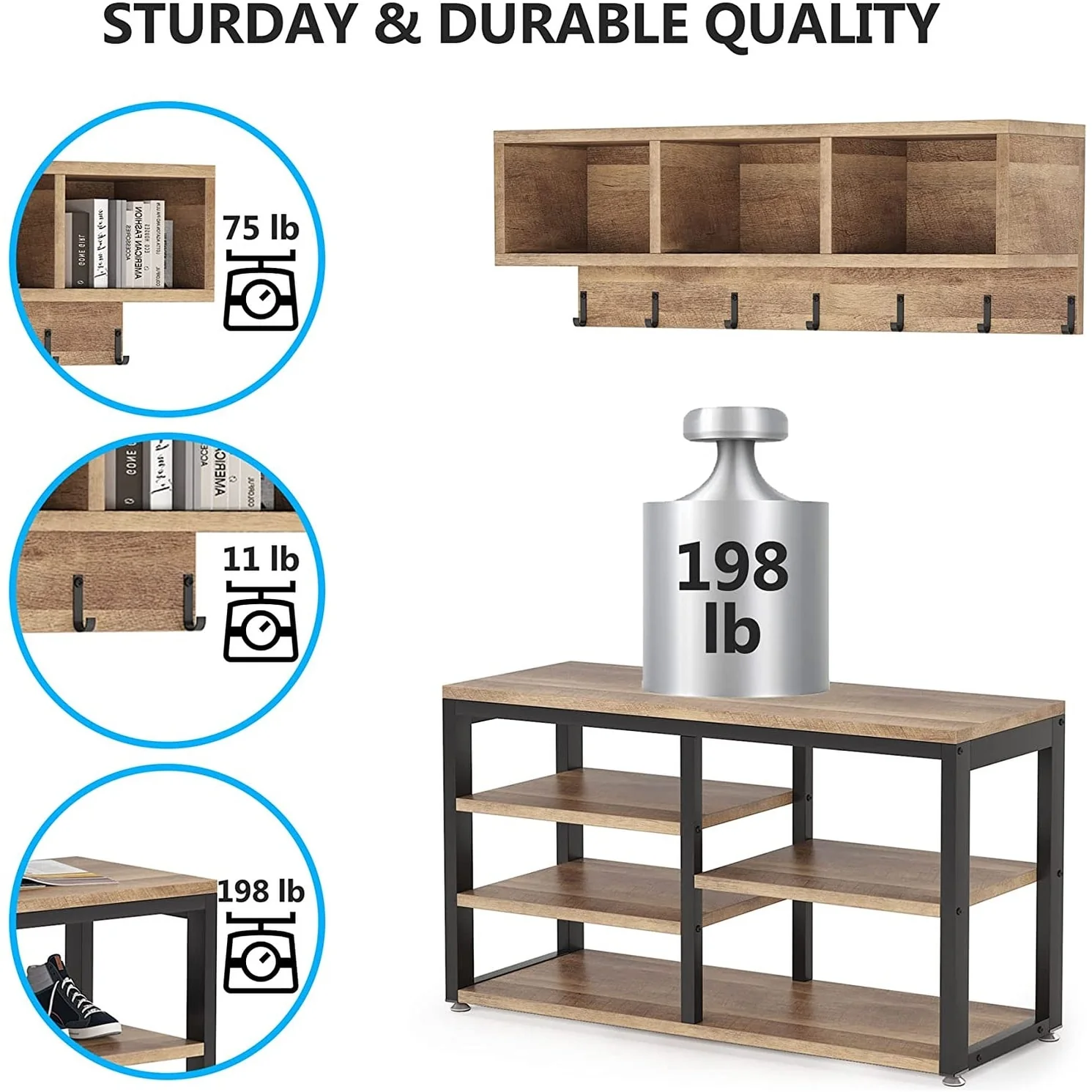 Entryway Coat Rack and Shoe Bench Set, Industrial Hall Tree with Coat and Shoe Storage - Image 9