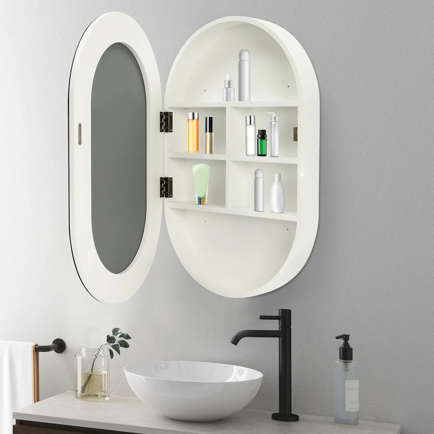 Fichiouy Bathroom Mirror Cabinet Oval Wall Mounted Cabinet Storage Cabinet with Mirror for Bathroom 19.76" x 30.82" - Image 4