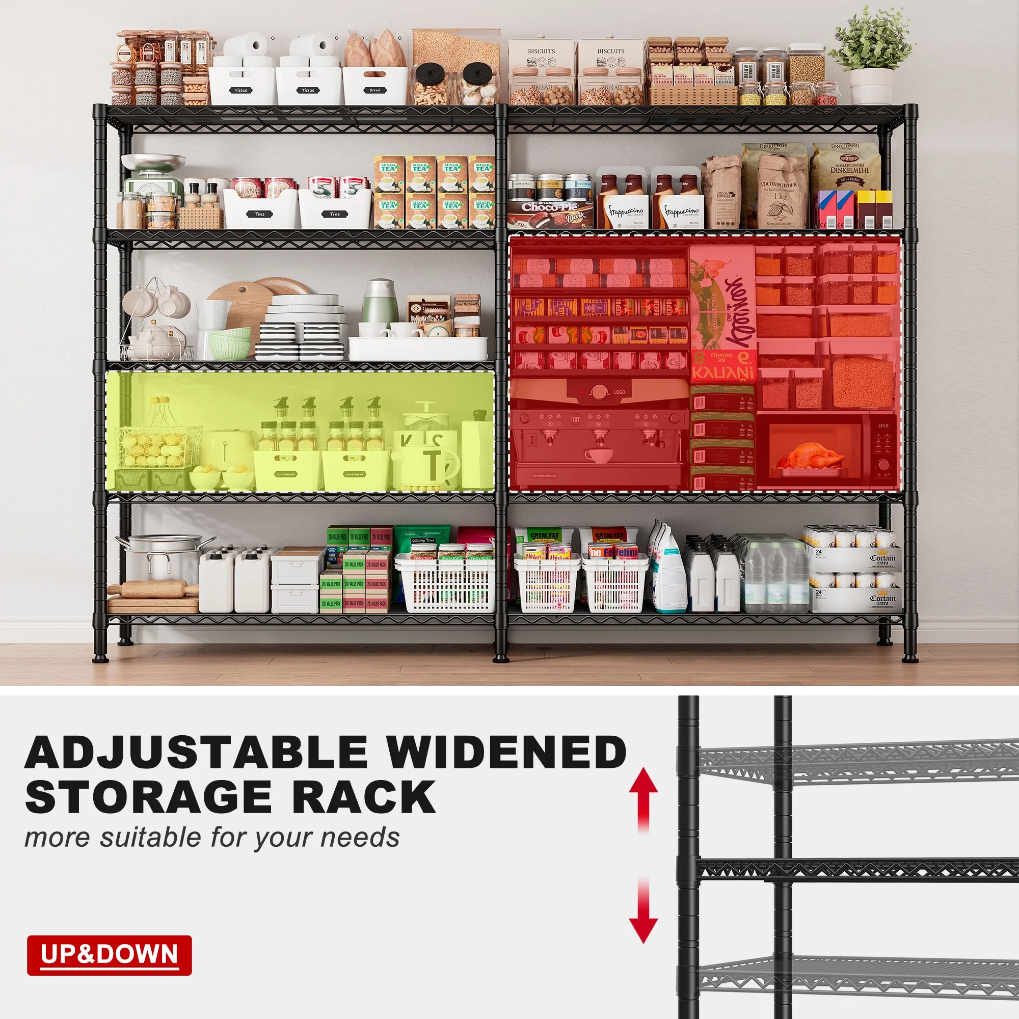 REIBII 68.9"W Heavy Duty Storage Shelves 72.4"H Wire Shelving Unite 5-Tier Adjustable Metal Shelves Garage Shelving Steel Shelf for Kitchen Pantry Basement,Black - Image 6