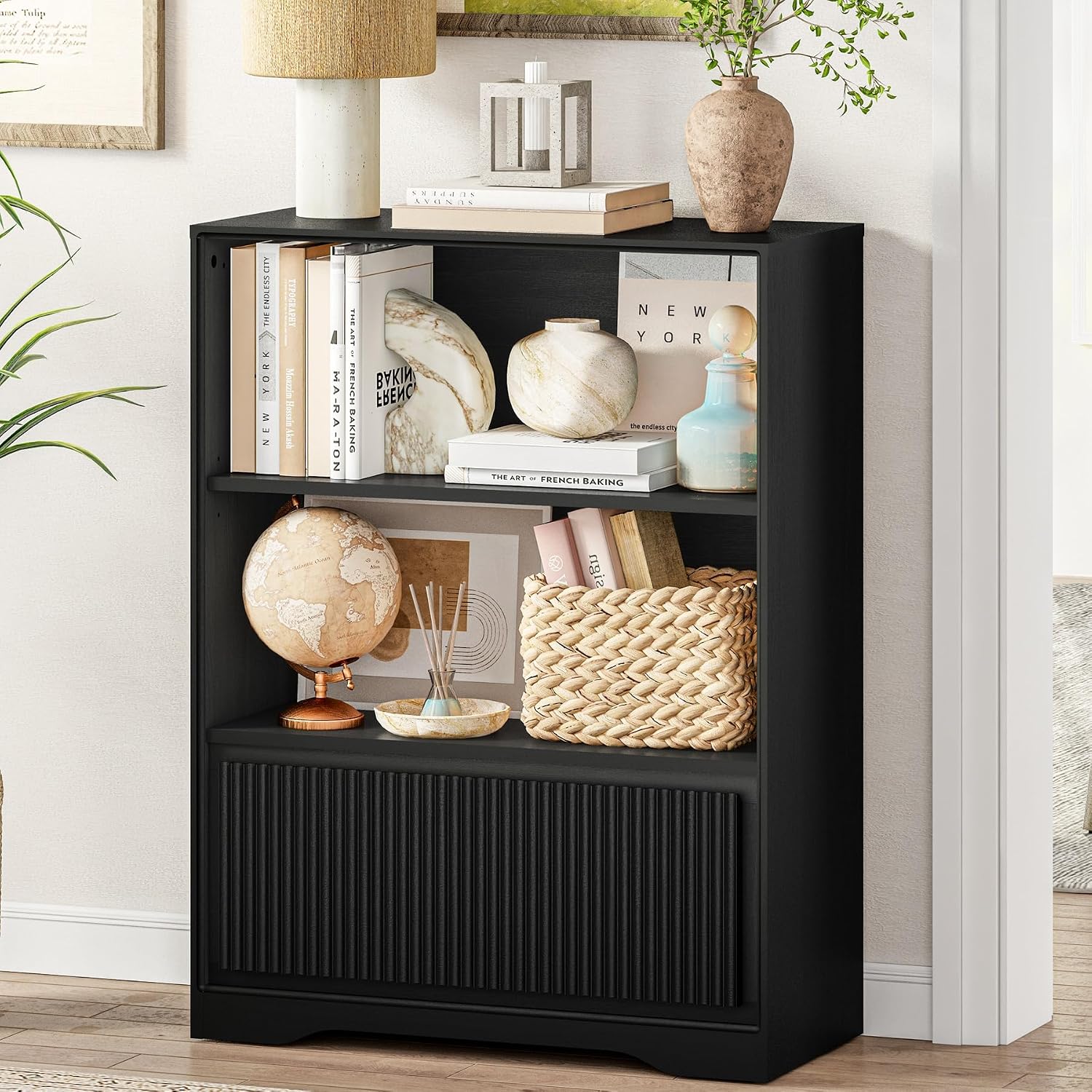 Small Bookcase with Fluted Drawer, 3-Tier Wood Bookshelf with Storage, Short Narrow Display Shelf for Small Spaces, Living Room, Home Office (Dark Walnut) - Image 3