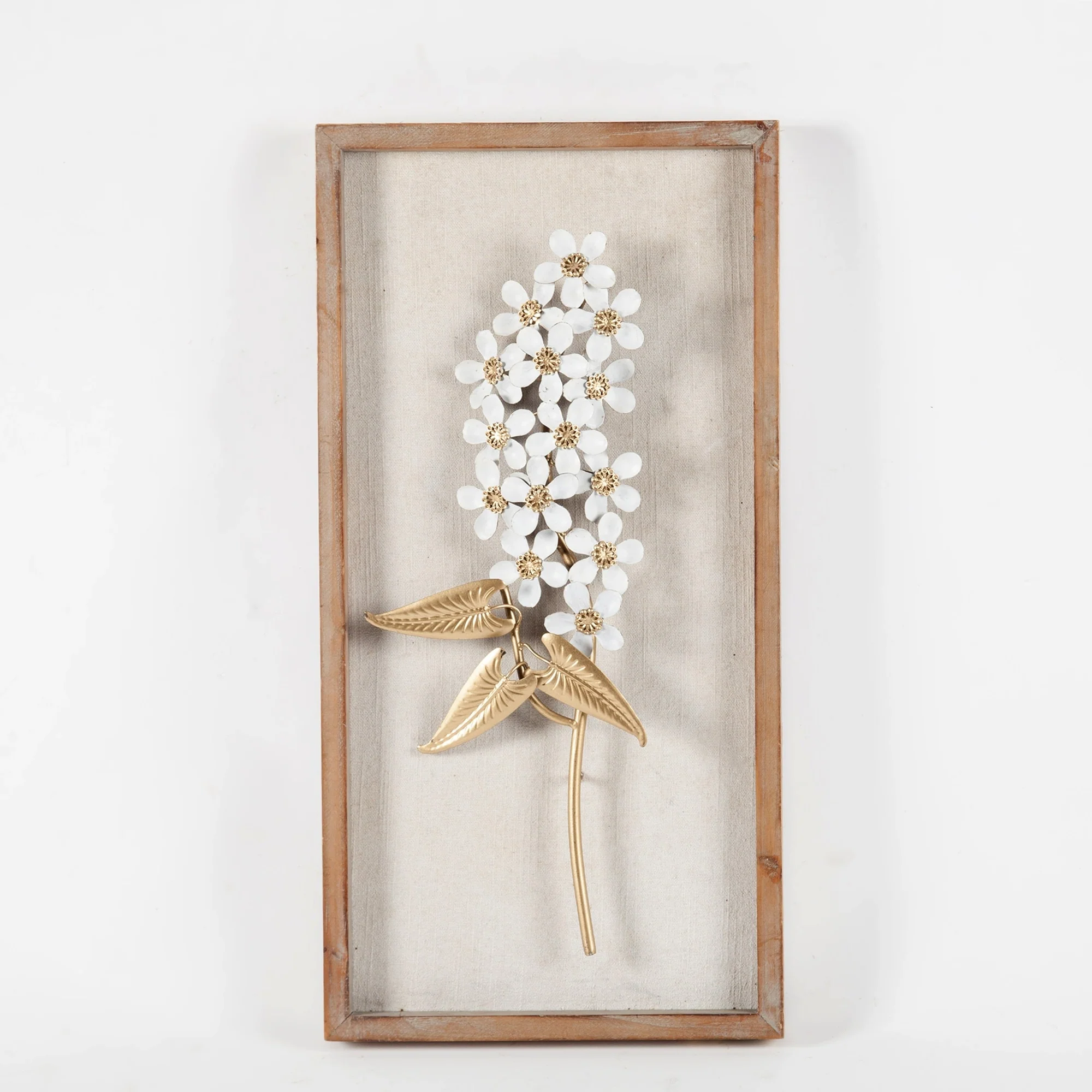 Set of 2 White and Gold Metal Flower Wall Decor with Wood Frames, Decorative Floral Wall Art - Image 4
