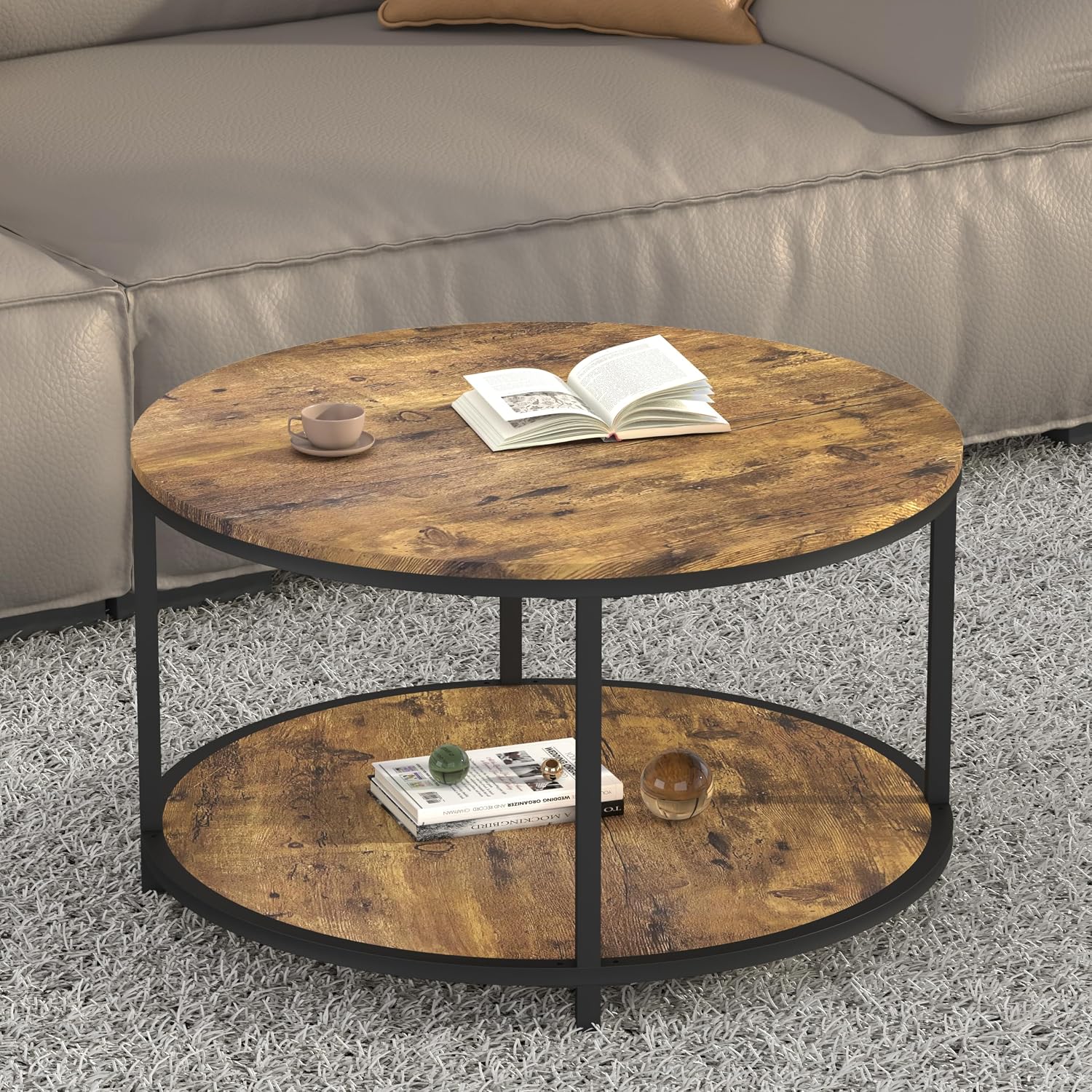 Round Coffee Table, 36" Coffee Table for Living Room, 2-Tier Rustic Wood Desktop with Storage Shelf, Modern Design Home Furniture (Light Walnut) - Image 6