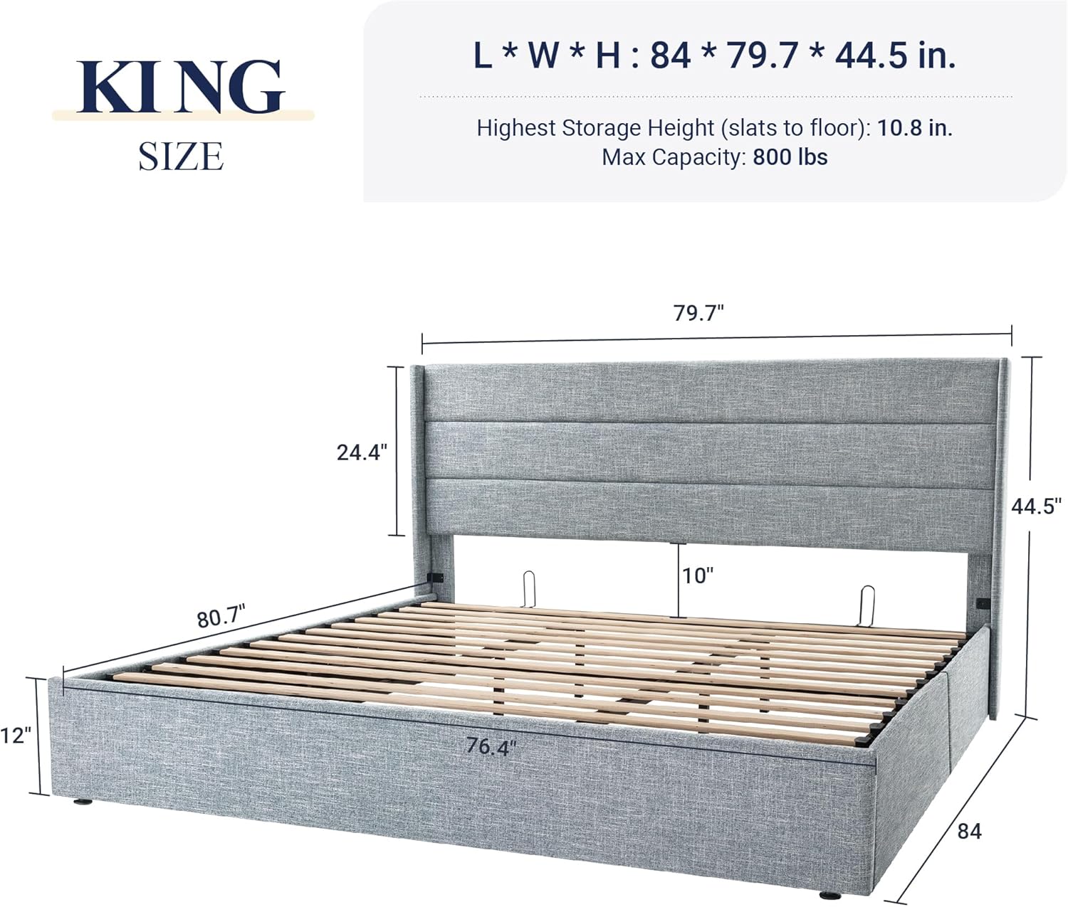 Queen Size Lift Up Storage Bed with Wingback Headboard, Upholstered Platform Bed Frame with Hidden Storage - Image 24