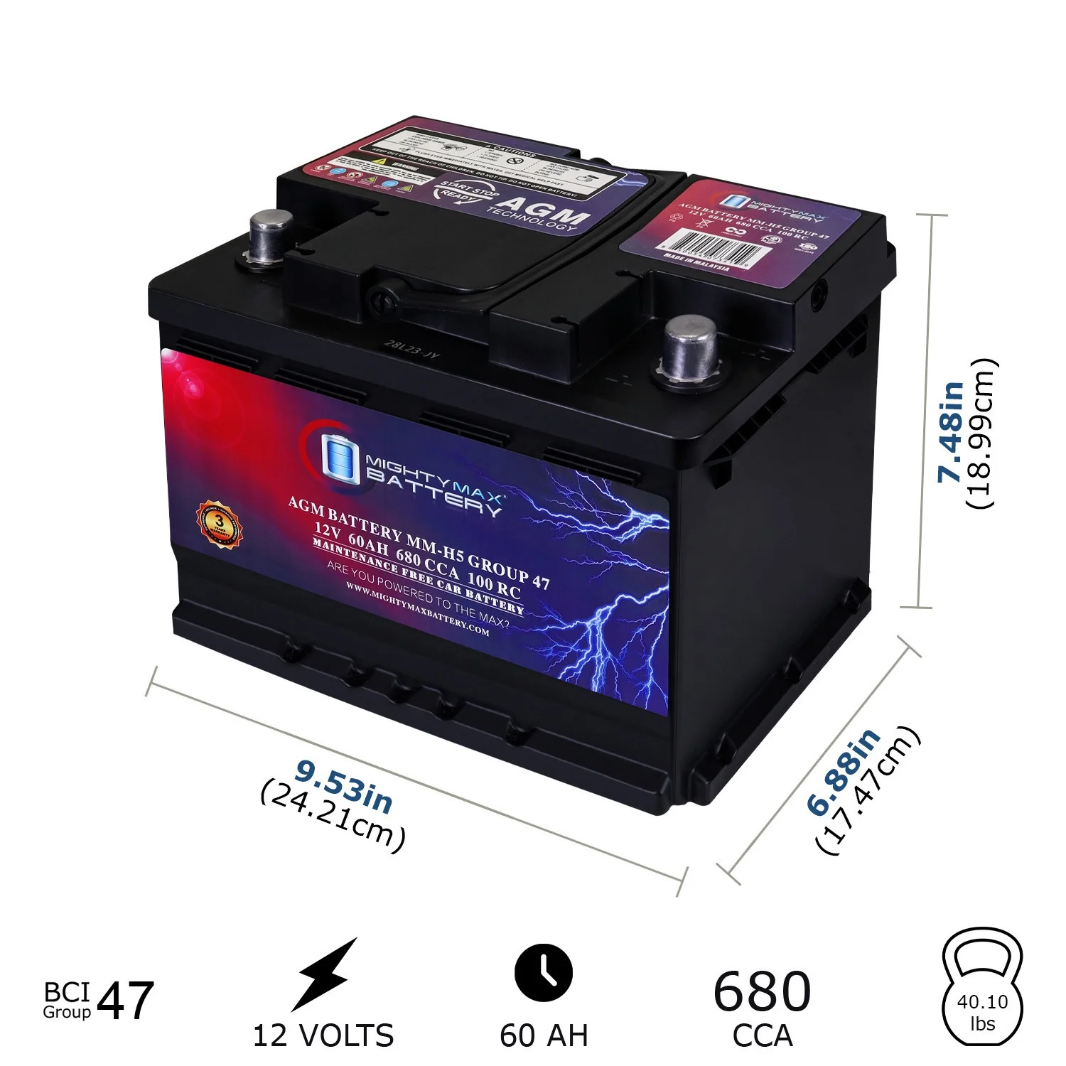 MM-H5 Start and Stop Car BCI Group Size 47 12V 60 AH, 100RC, 680 CCA Rechargeable AGM Car battery - Image 2