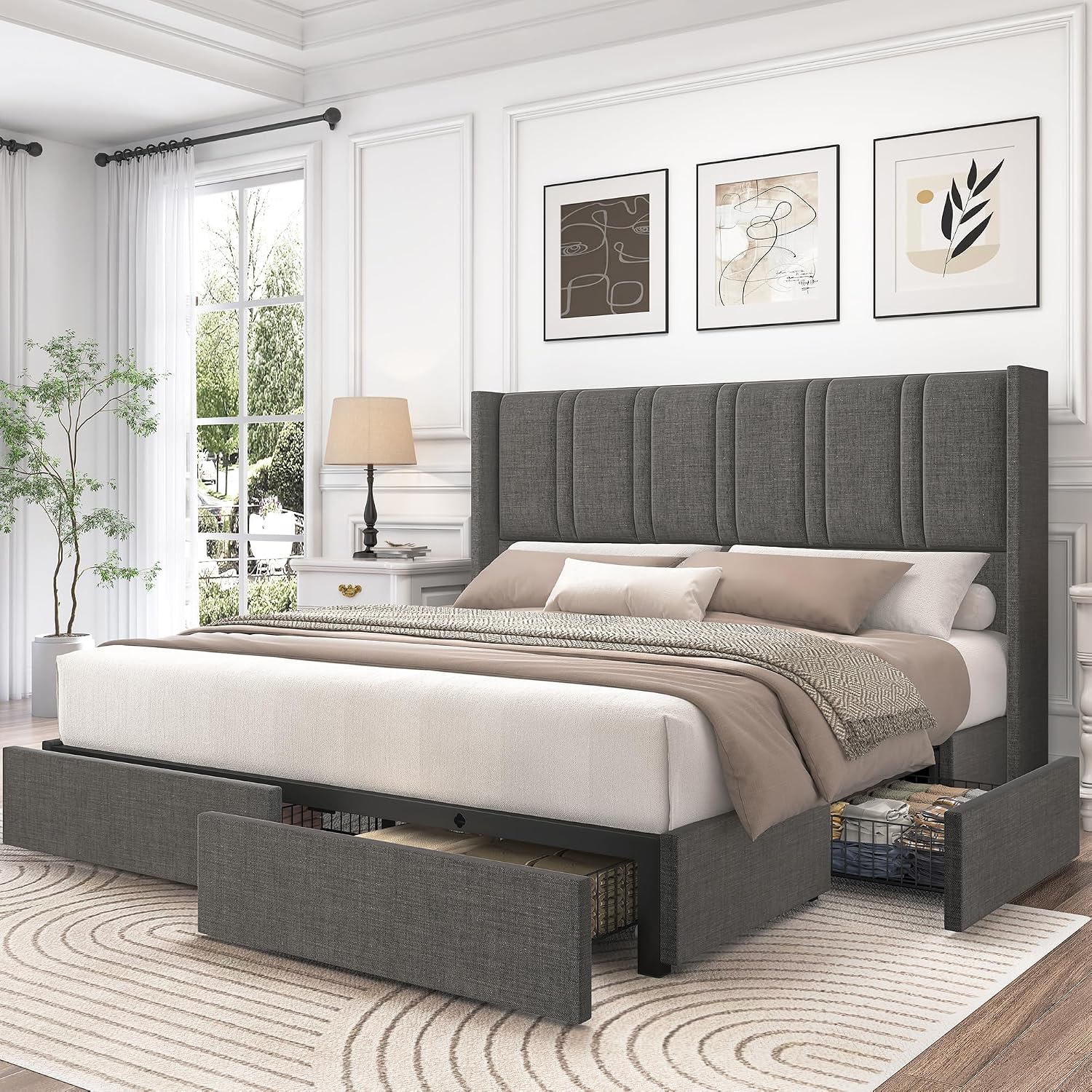 Queen Size Bed Frame with 4 Storage Drawers and Wingback Headboard Linen Upholstered Platform Bed Frame with Wooden Slats, Easy Assembly, White