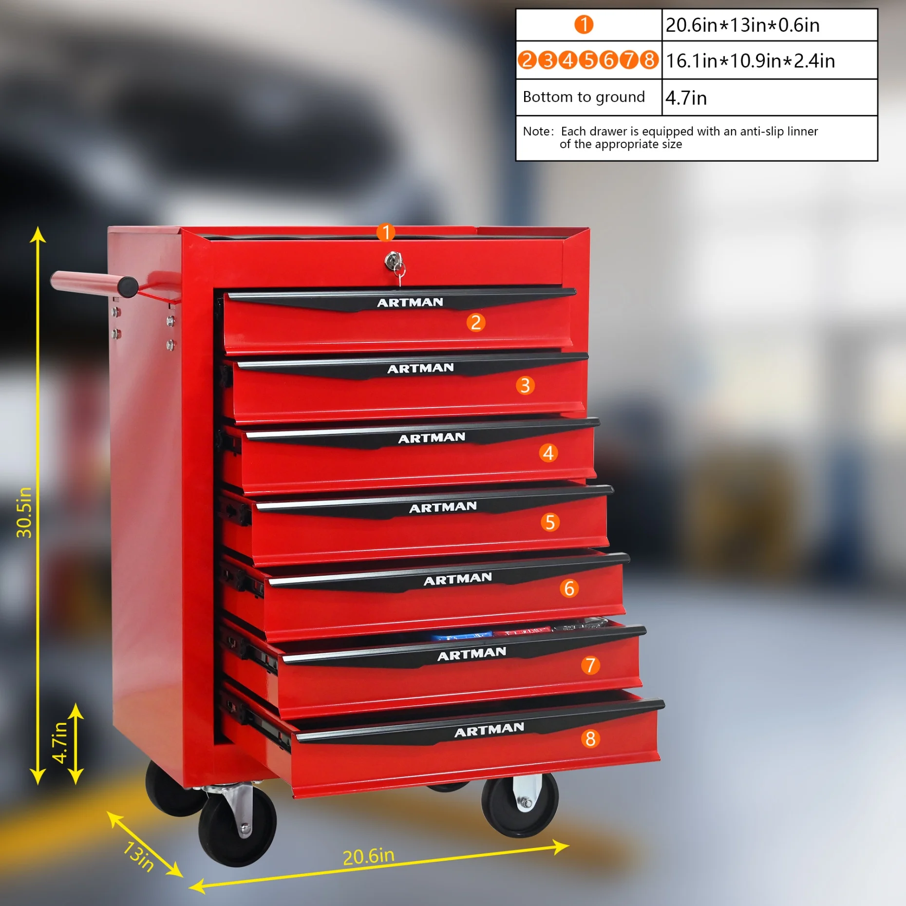 Rolling Steel Tool Chest with 7 Drawers, Ball Bearing Slides & 4-Wheel Mobility - Lockable Storage Cabinet for Workshop or Garage - Image 7