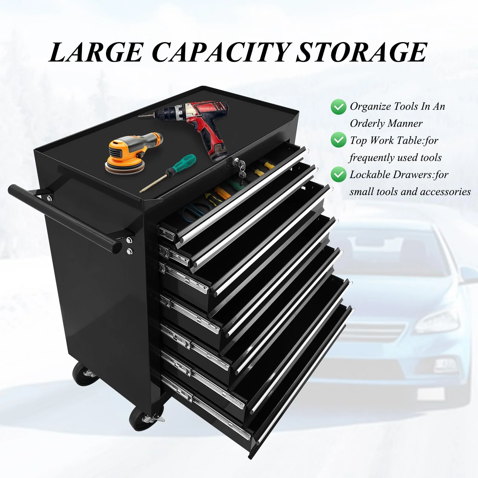 Pinypikaka 7 Drawer Rolling Tool Chest on Wheels, Lockable Tool Box, Removable Storage Case for Garage, Workshop and Craftsmen - Image 5
