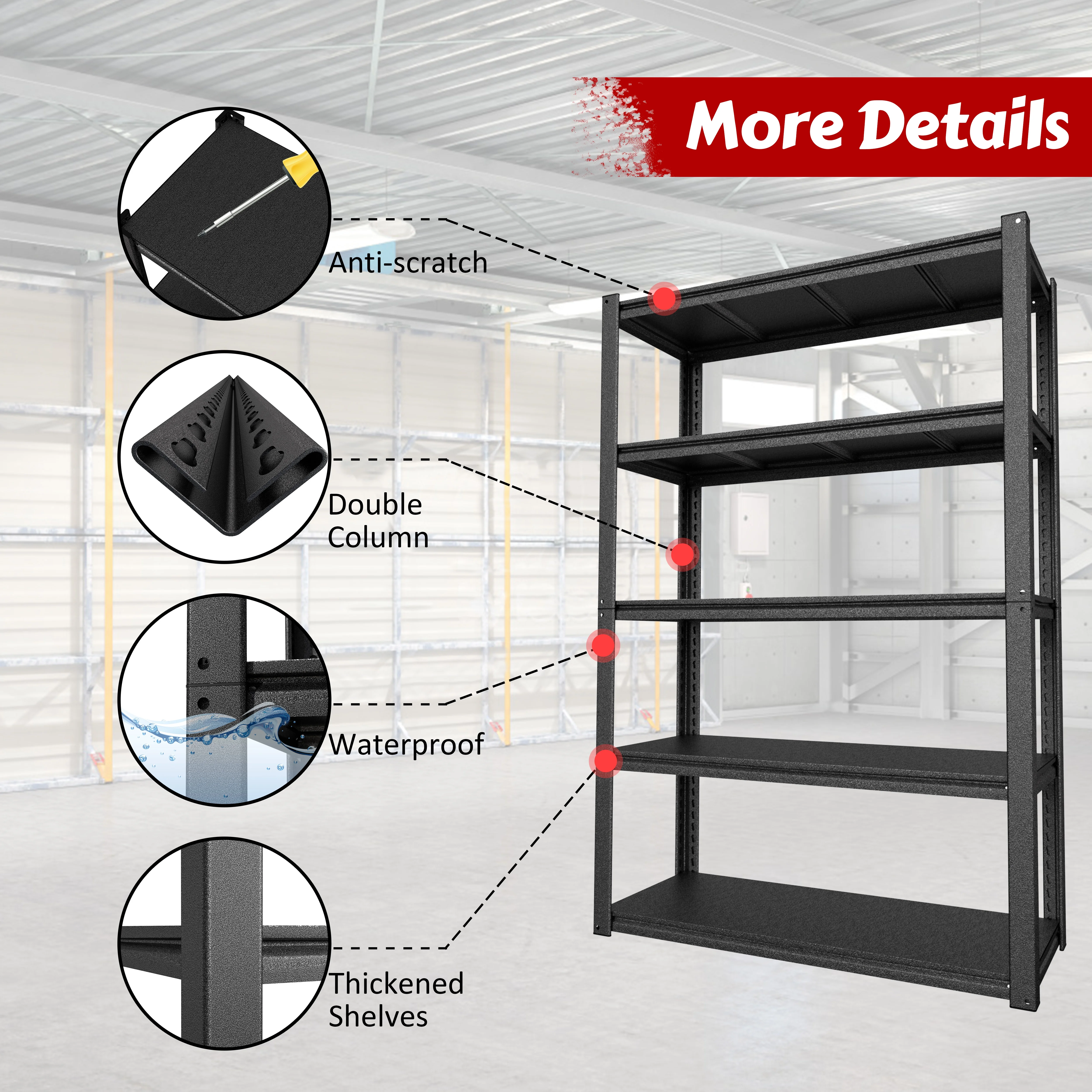 VEIKOUS 72 "H 5-Tier Metal Shelving, Heavy Duty Storage Rack w/ 2000Lbs Load Capacity for Garage, Basement, Shop, Black - Image 7