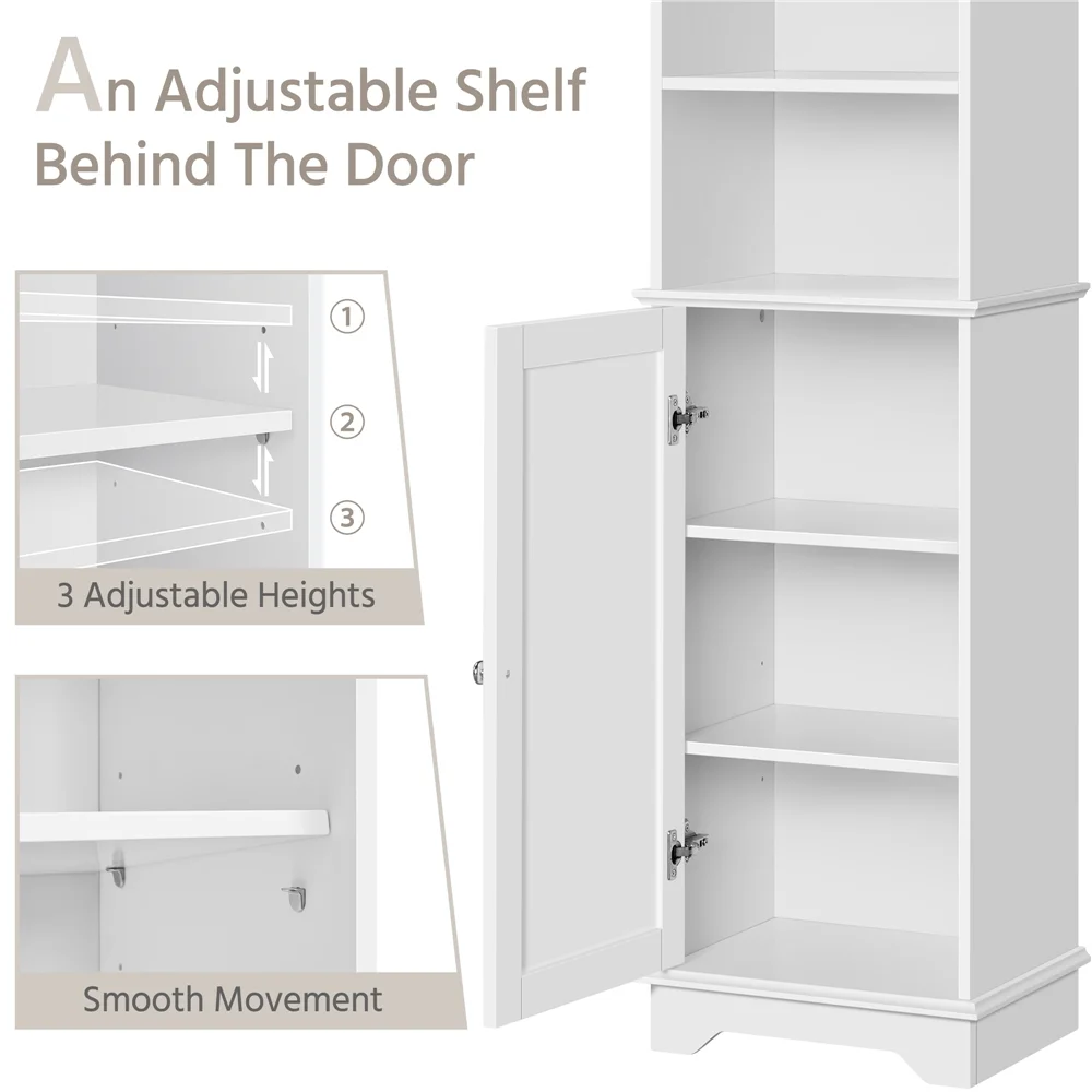 Renwick Tall Slim Storage Cabinet with Single Door and Open Shelves for Home Small Space, White - Image 6