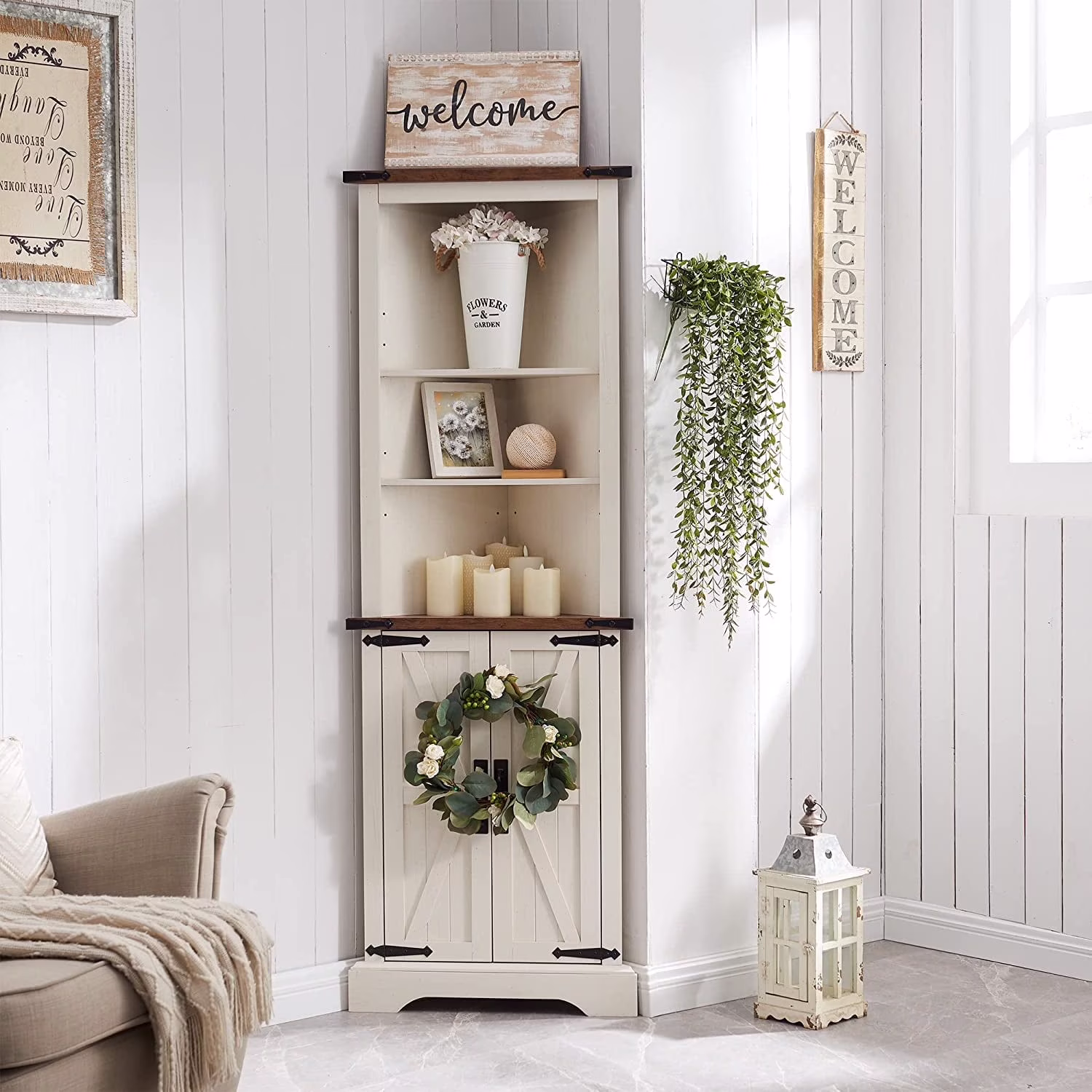 OKD Farmhouse Tall Corner Cabinet with Barn Door & Adjustable Shelves, 68" Rustic Wood Corner Cabinet with Storage Cabinet for Bathroom, Kitchen, Antique White