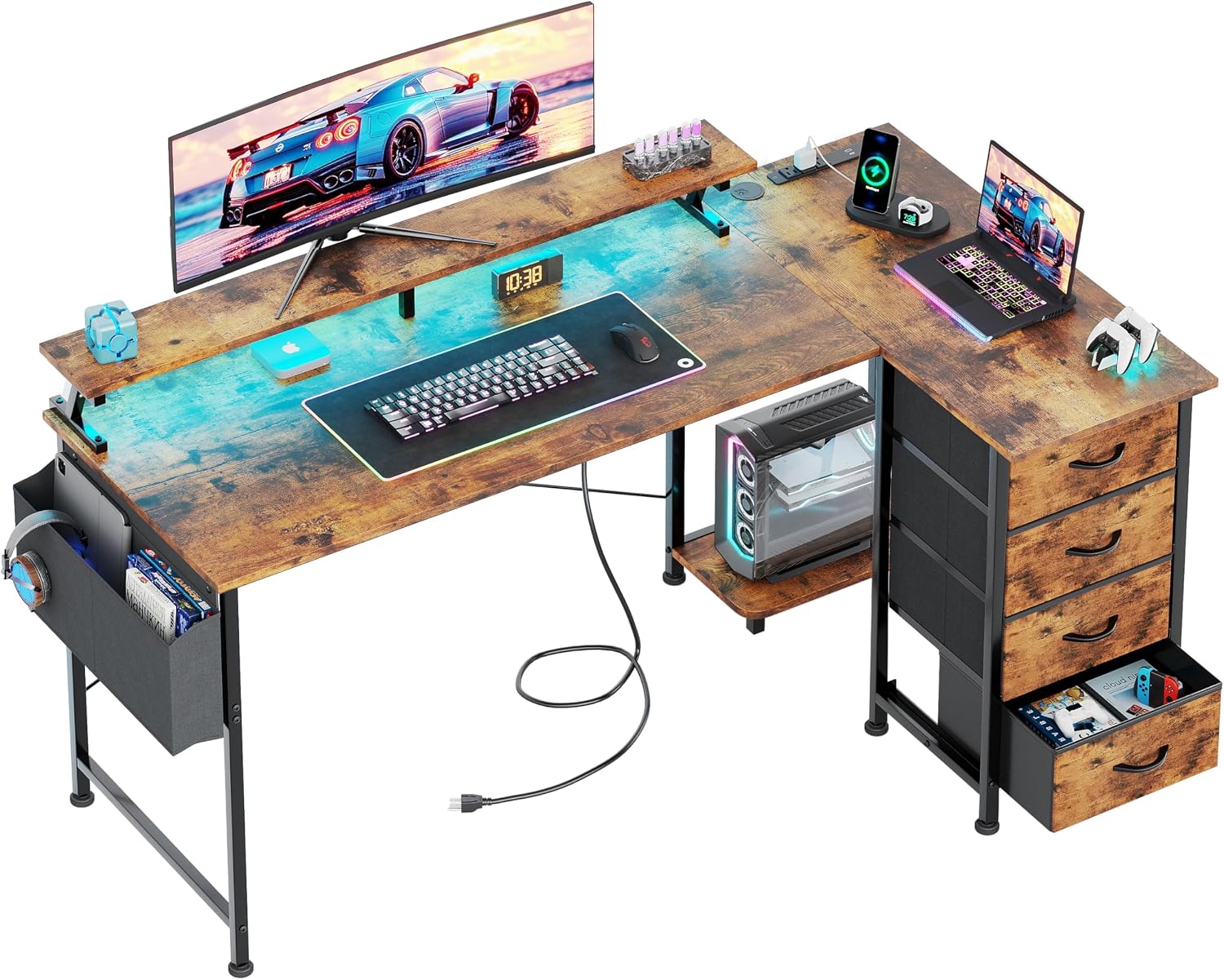 47" Reversible L Shaped Gaming Computer Desk, Corner Desk with Power Outlets & Monitor Stand, Writing Study Table with 4 Storage Drawers, Desk with LED Lights, White - Image 3