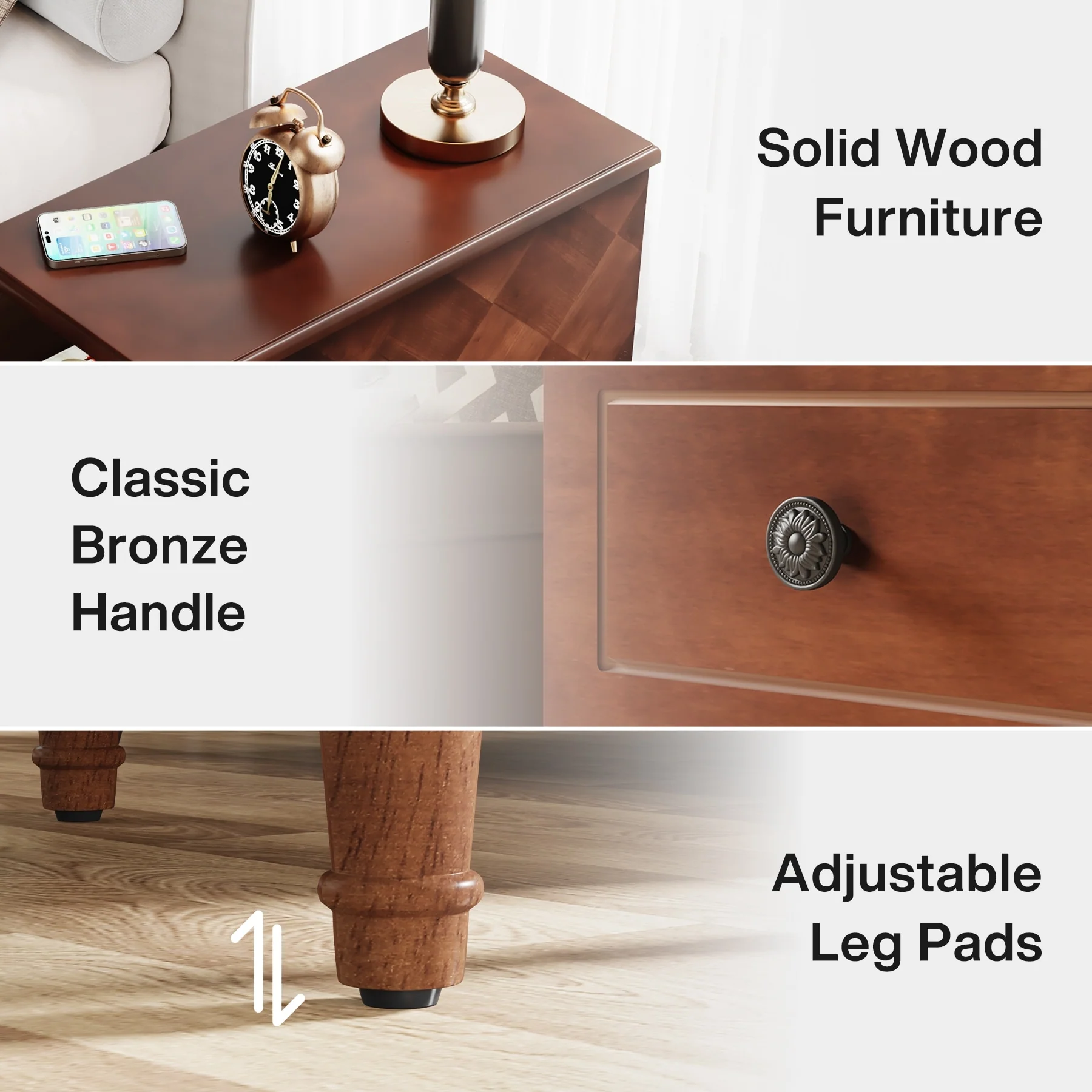 Fully Assembled Narrow End Table, Solid Wood Side Table with 3 Drawers, Vintage Nightstand for Small Spaces - Image 19